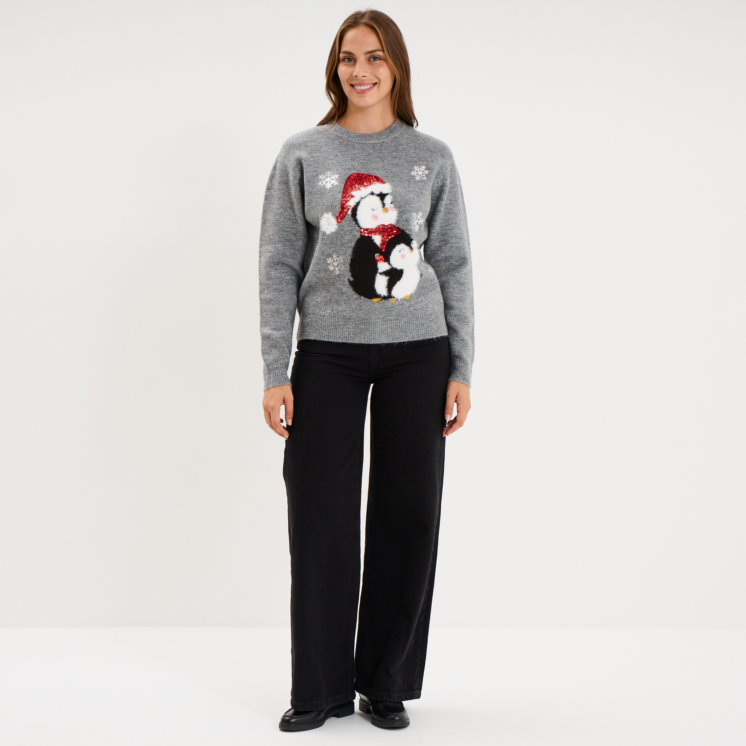 Pull de No&euml;l avec sequins gris clair femme
