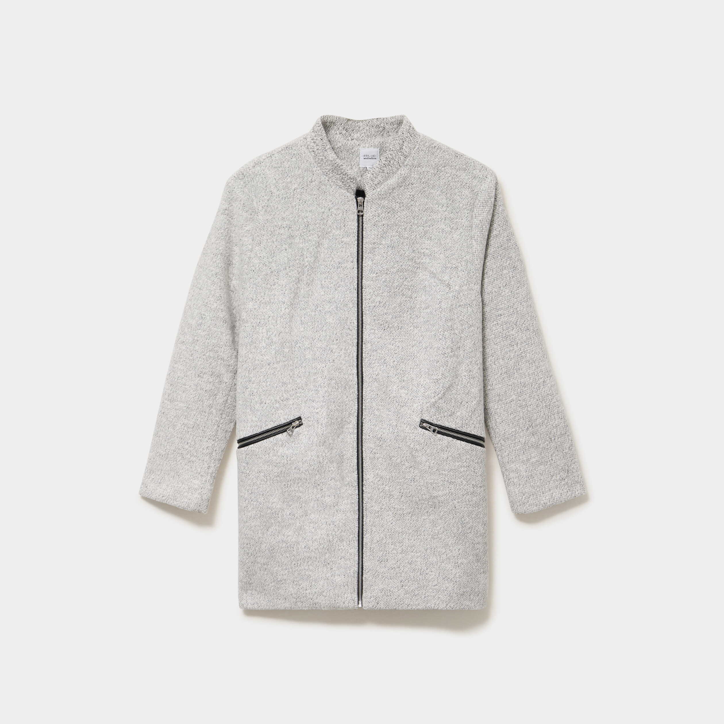 Manteau mi-long droit zipp&eacute; col mao gris clair femme grande taille