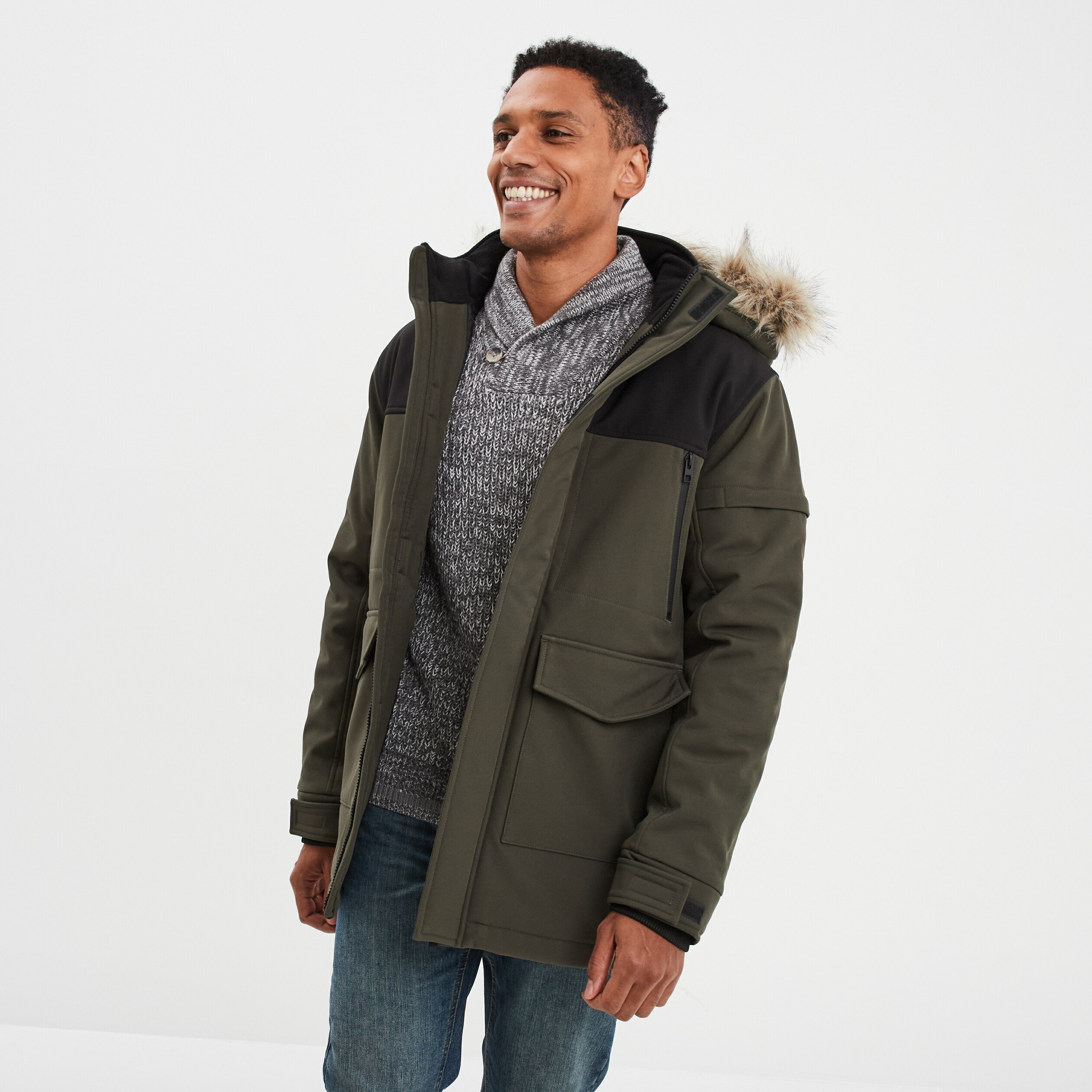 Parka Blouson Kaki Homme Veste Parka Kaki Capuche Fourrure Parka