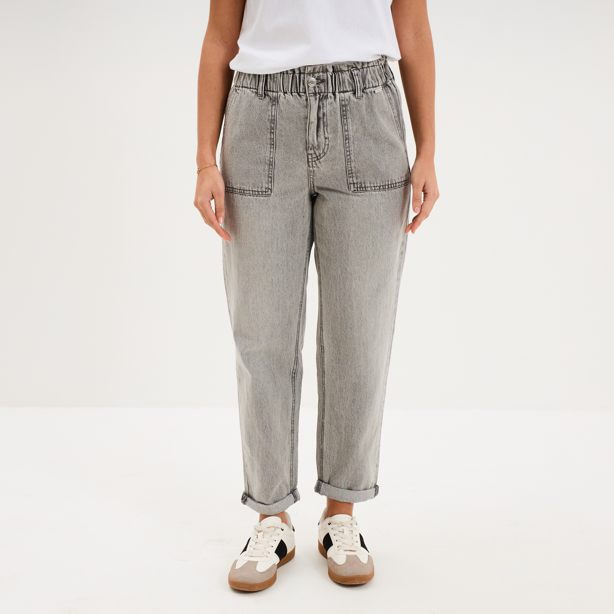 Jean paperbag cropped taille &eacute;lastiqu&eacute;e denim gris femme
