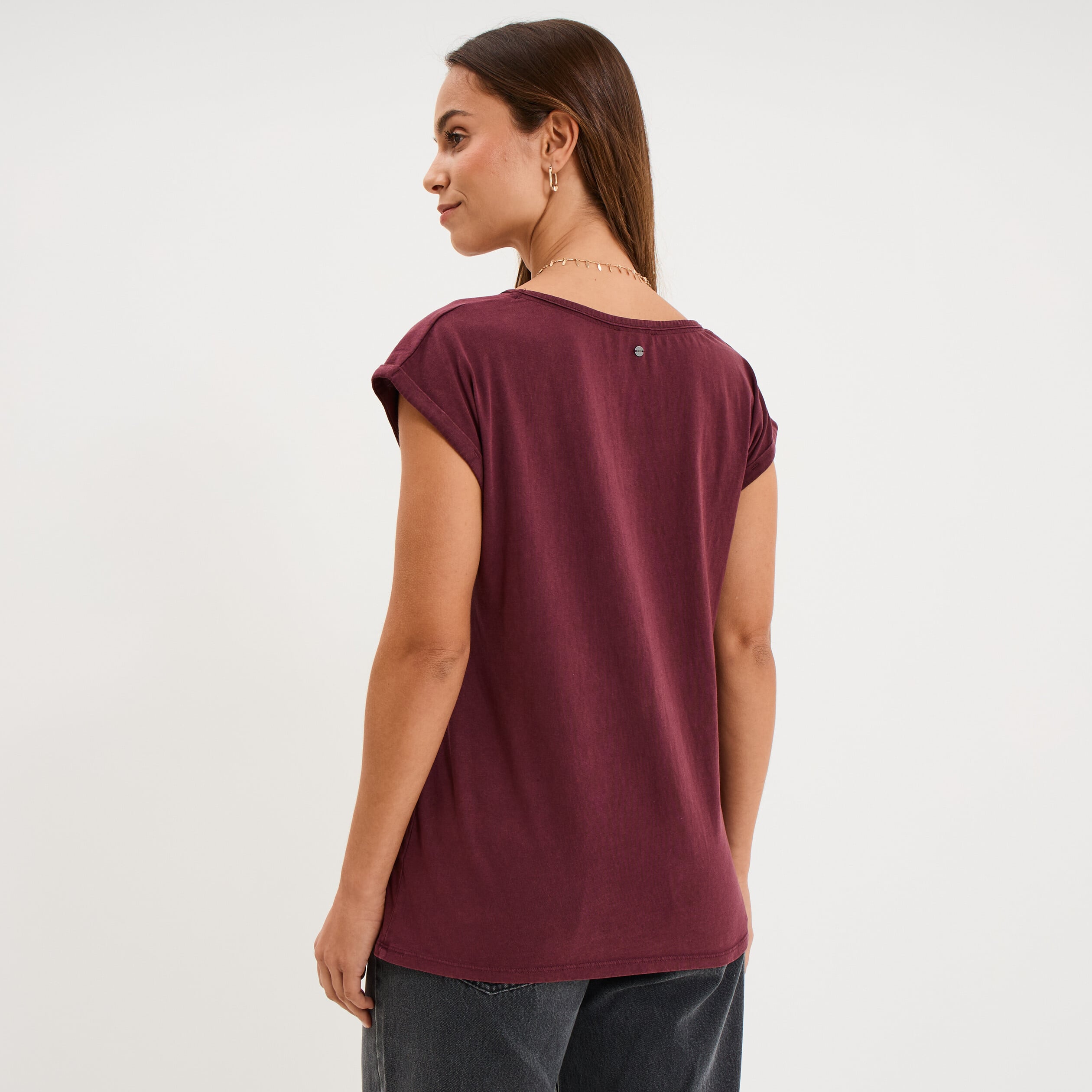 T-shirt coton col en V manches courtes violet fonc&eacute; femme