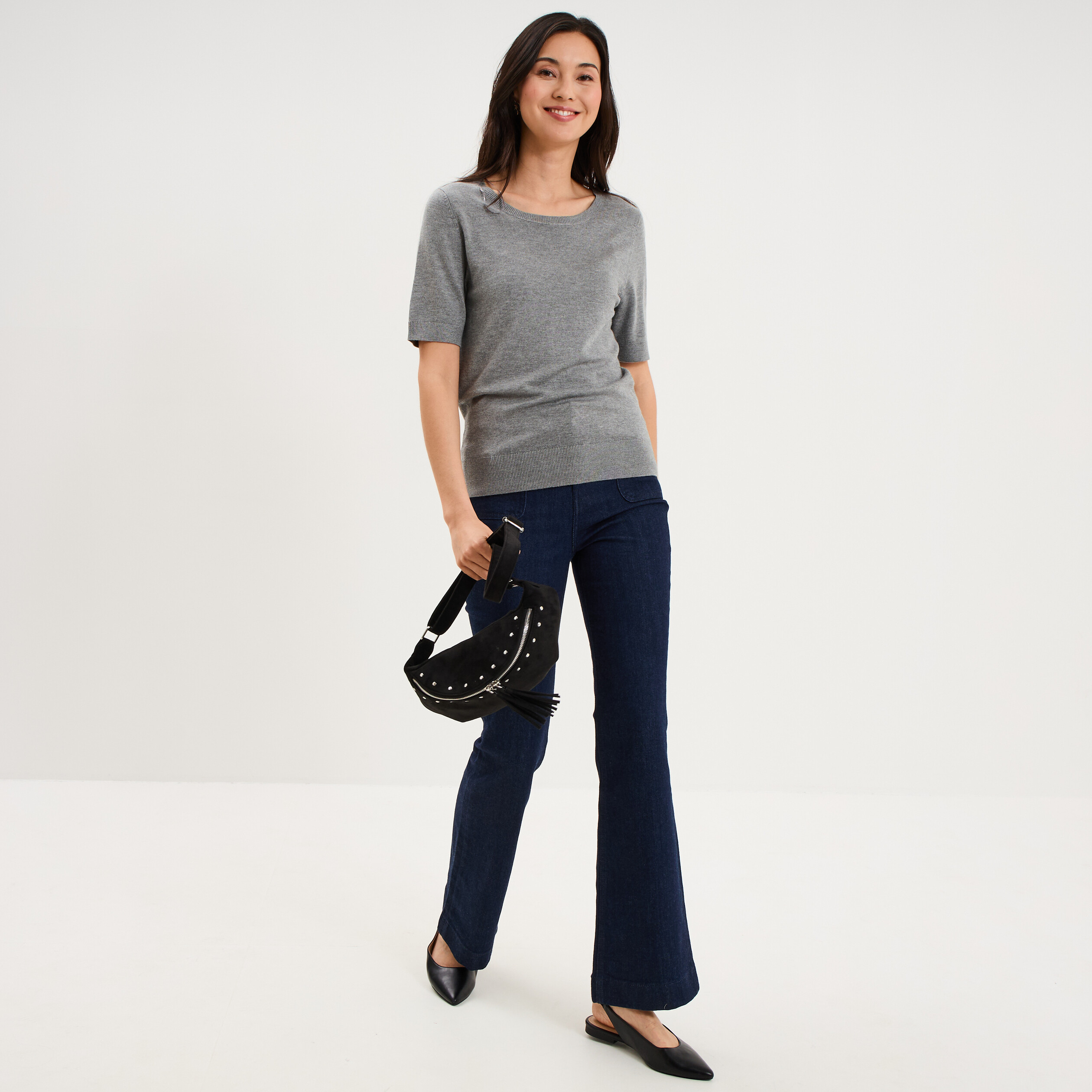 Pull manches courtes col rond gris femme