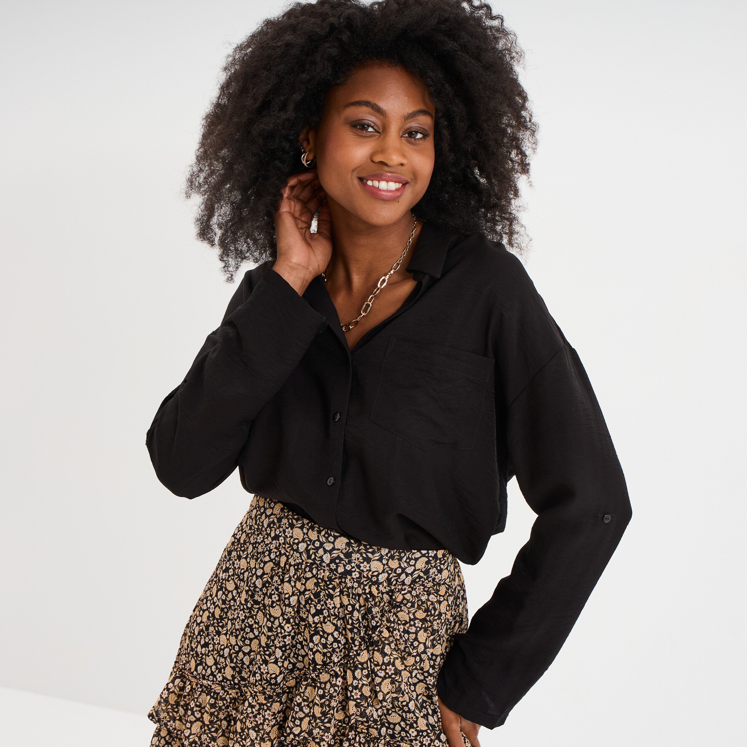chemise manches retroussables noir femme Chemise manches retroussables noir femme