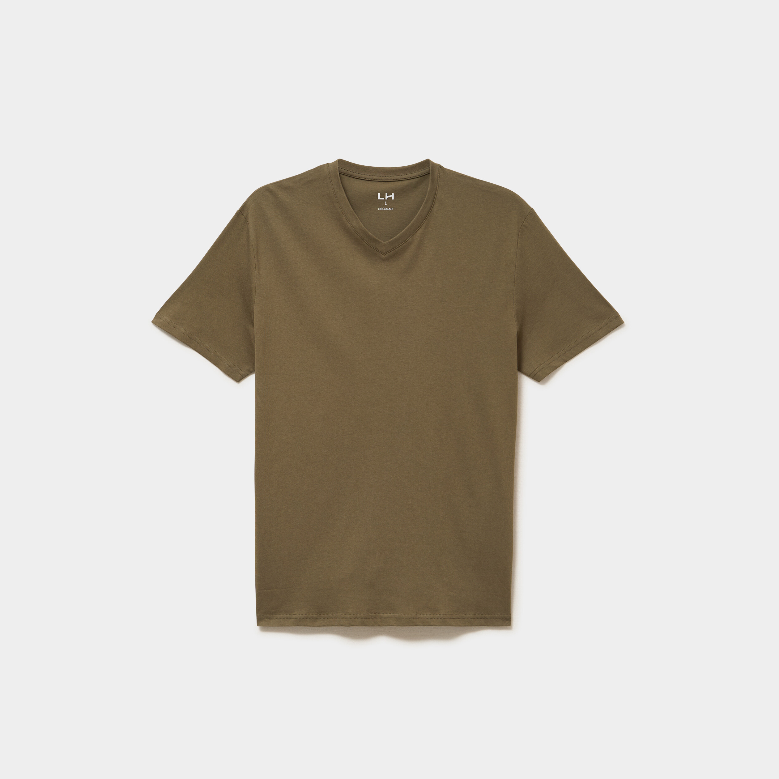 T-shirt manches courtes coton col V vert kaki homme