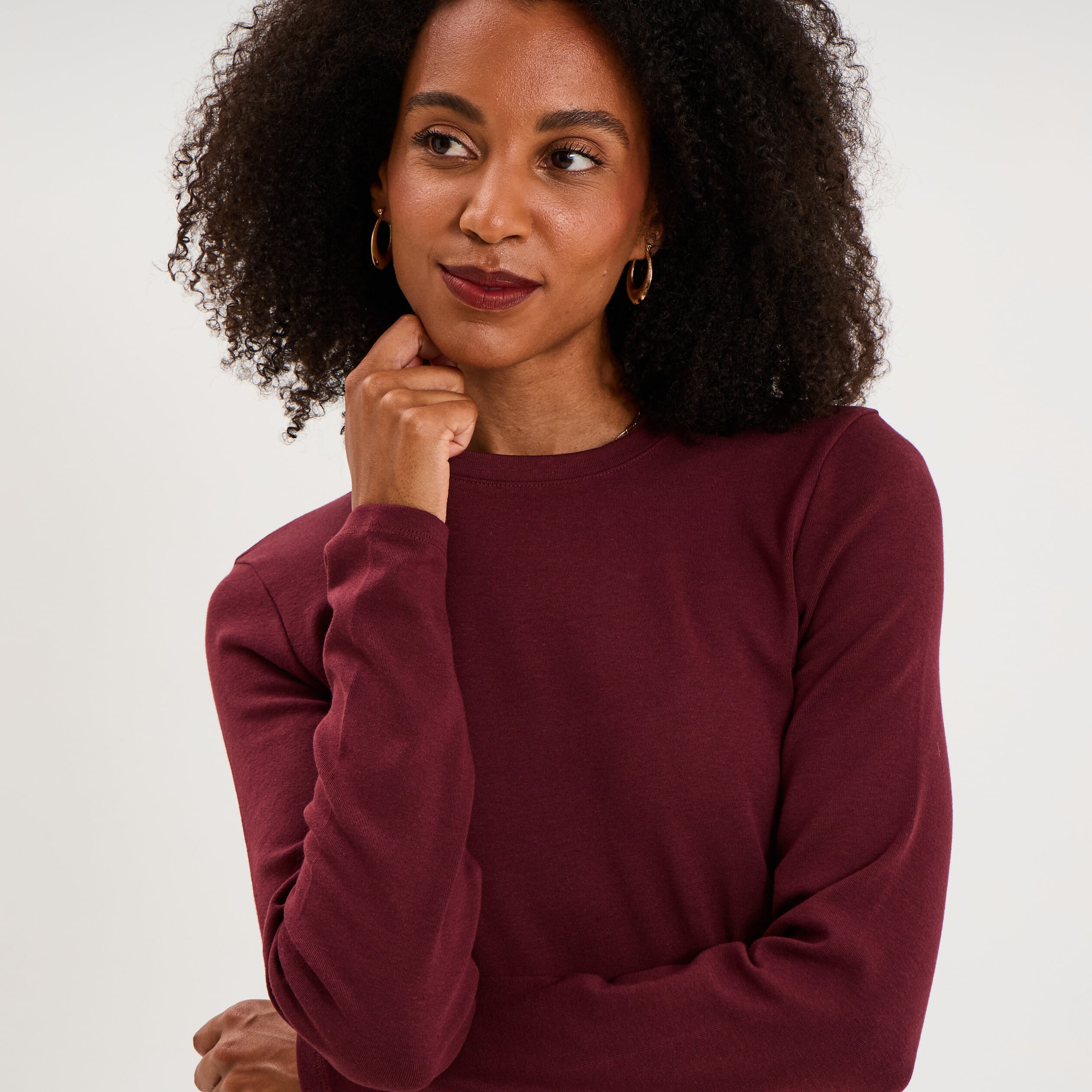 T-shirt manches longues col rond ajust&eacute; violet fonc&eacute; femme