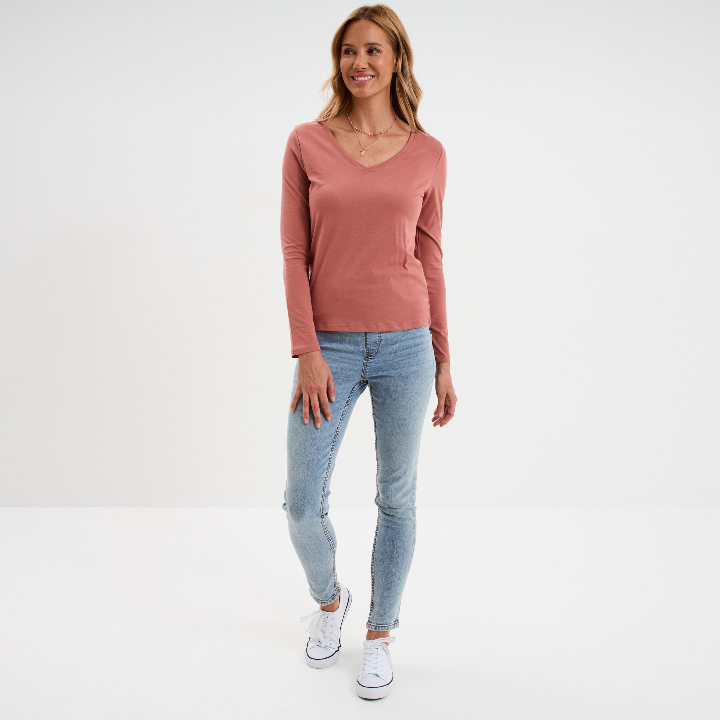t shirt col en v manches longues coton vieux rose femme T-shirt col en V manches longues coton vieux rose femme