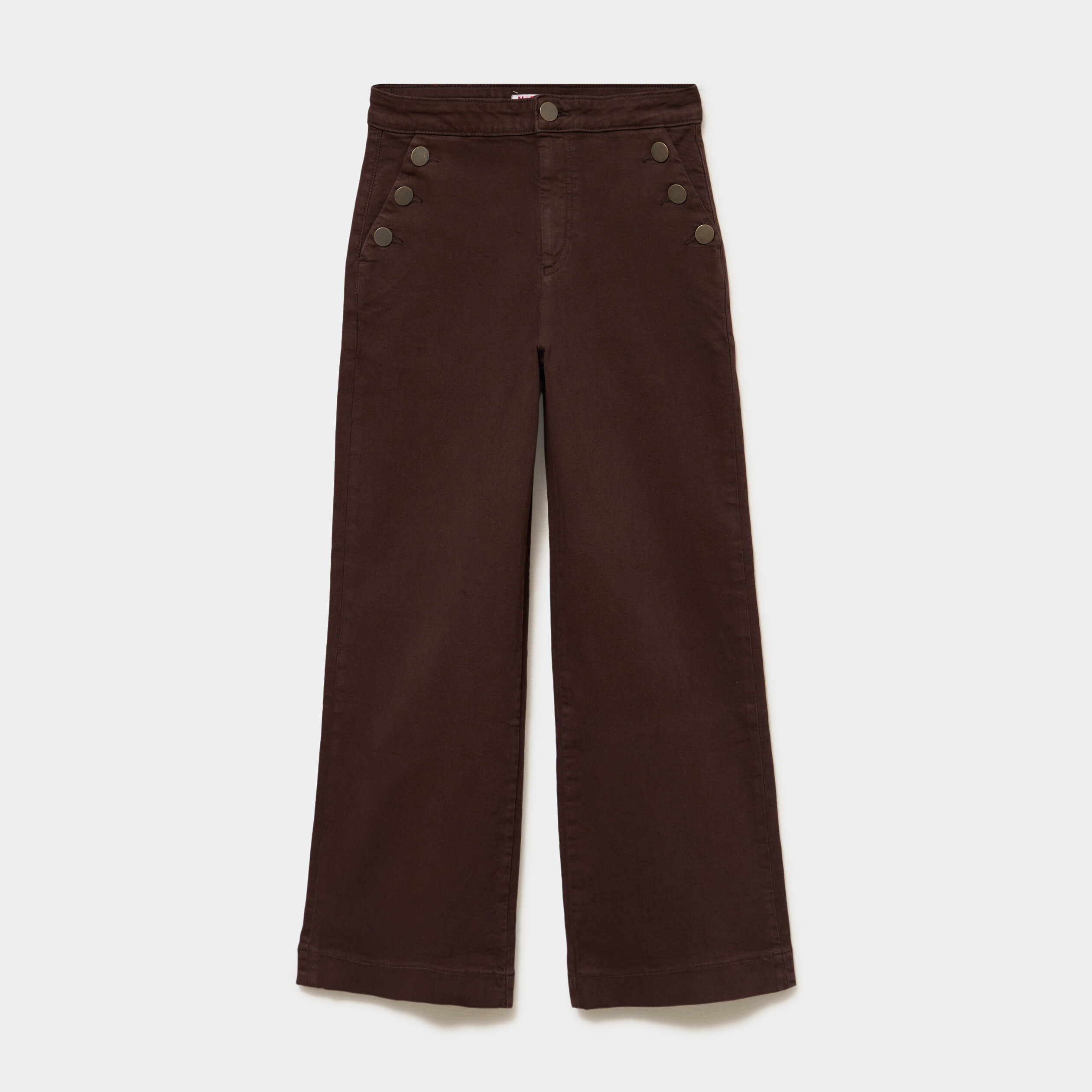 Pantalon wide leg cropped &agrave; boutons marron fonc&eacute; femme