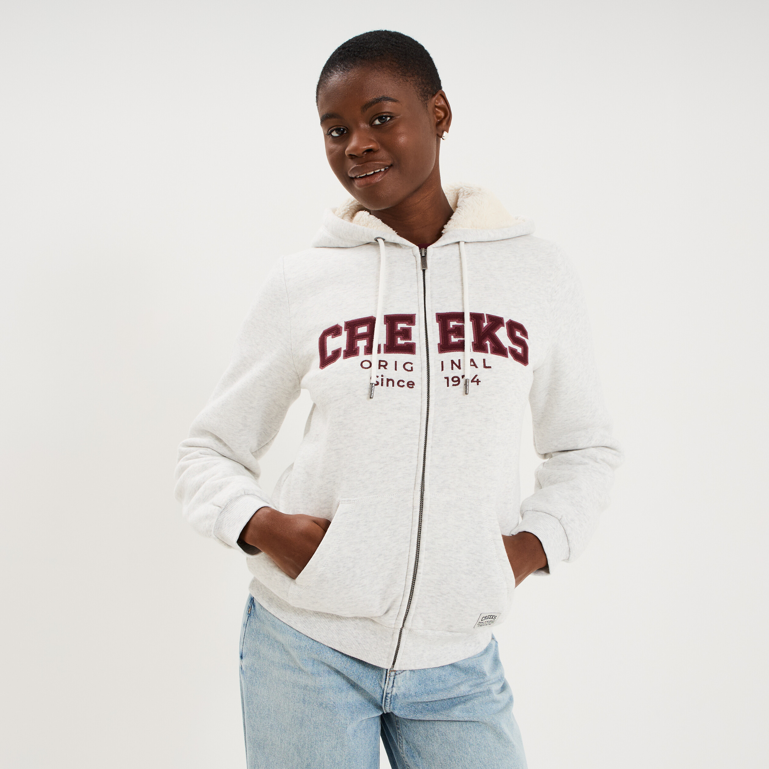 Sweat &agrave; capuche doublure effet sherpa gris clair femme