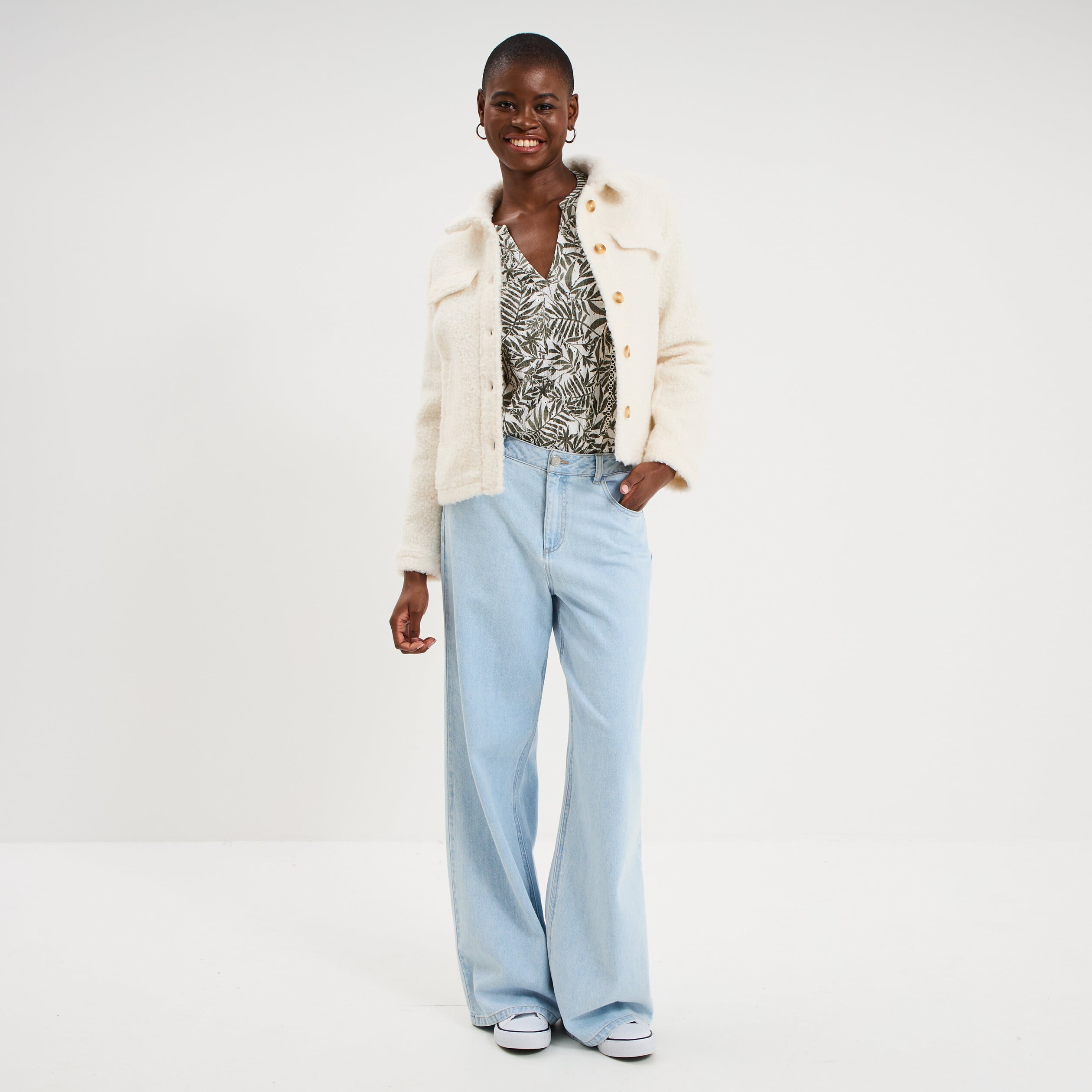 Veste courte droite effet bouclette blanc femme