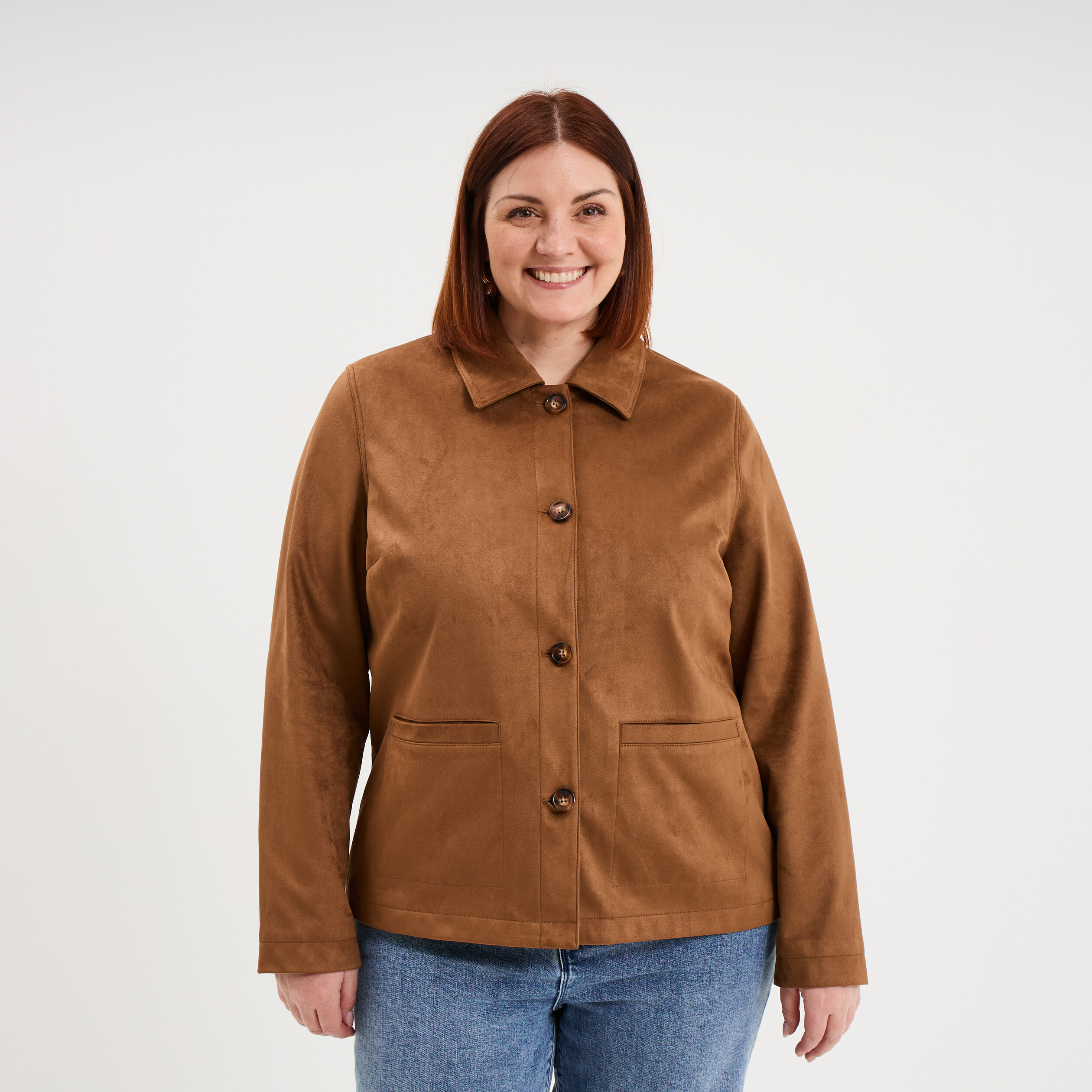 Veste effet su&eacute;dine boutonn&eacute;e marron femme grande taille