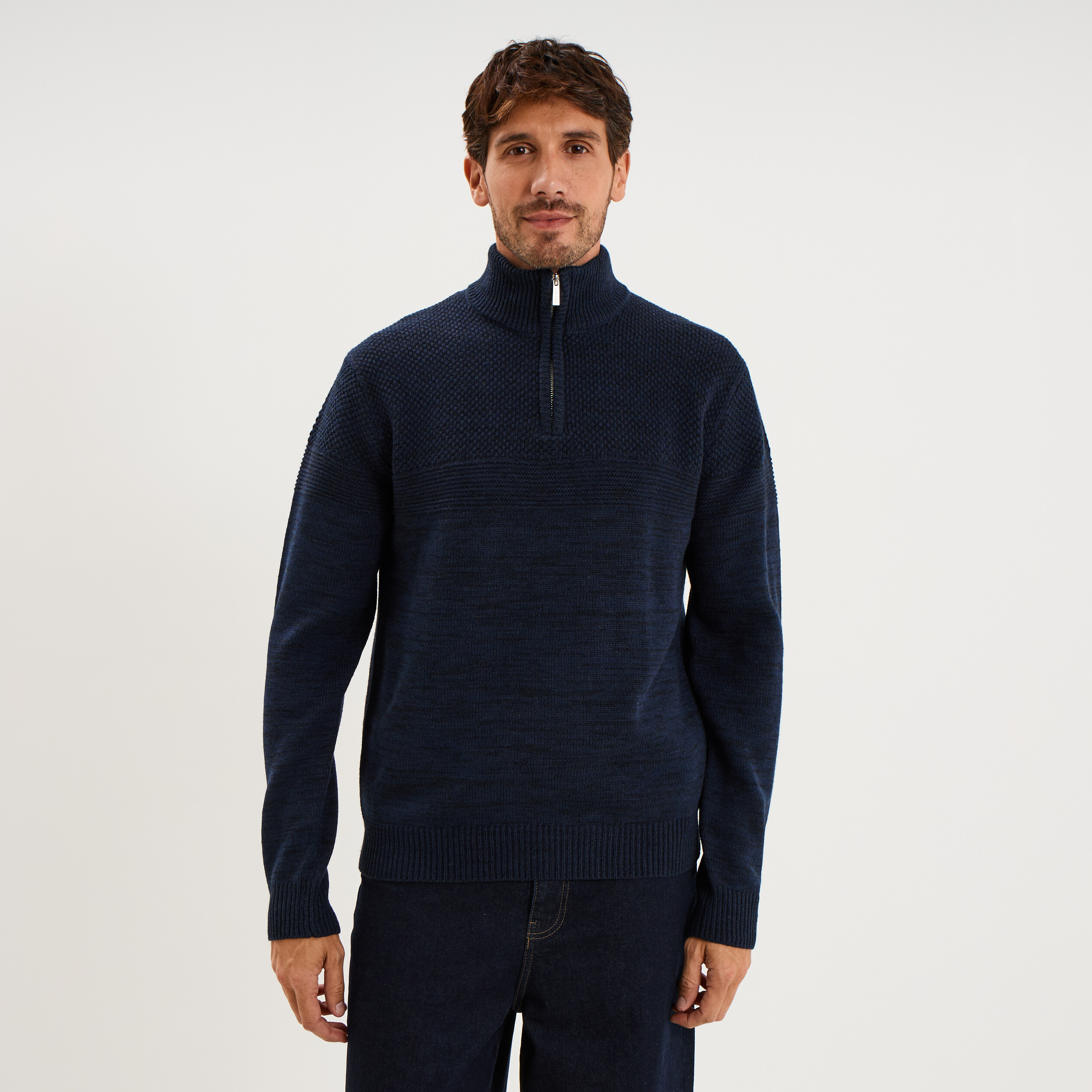Pull col camionneur manches longues bleu marine homme