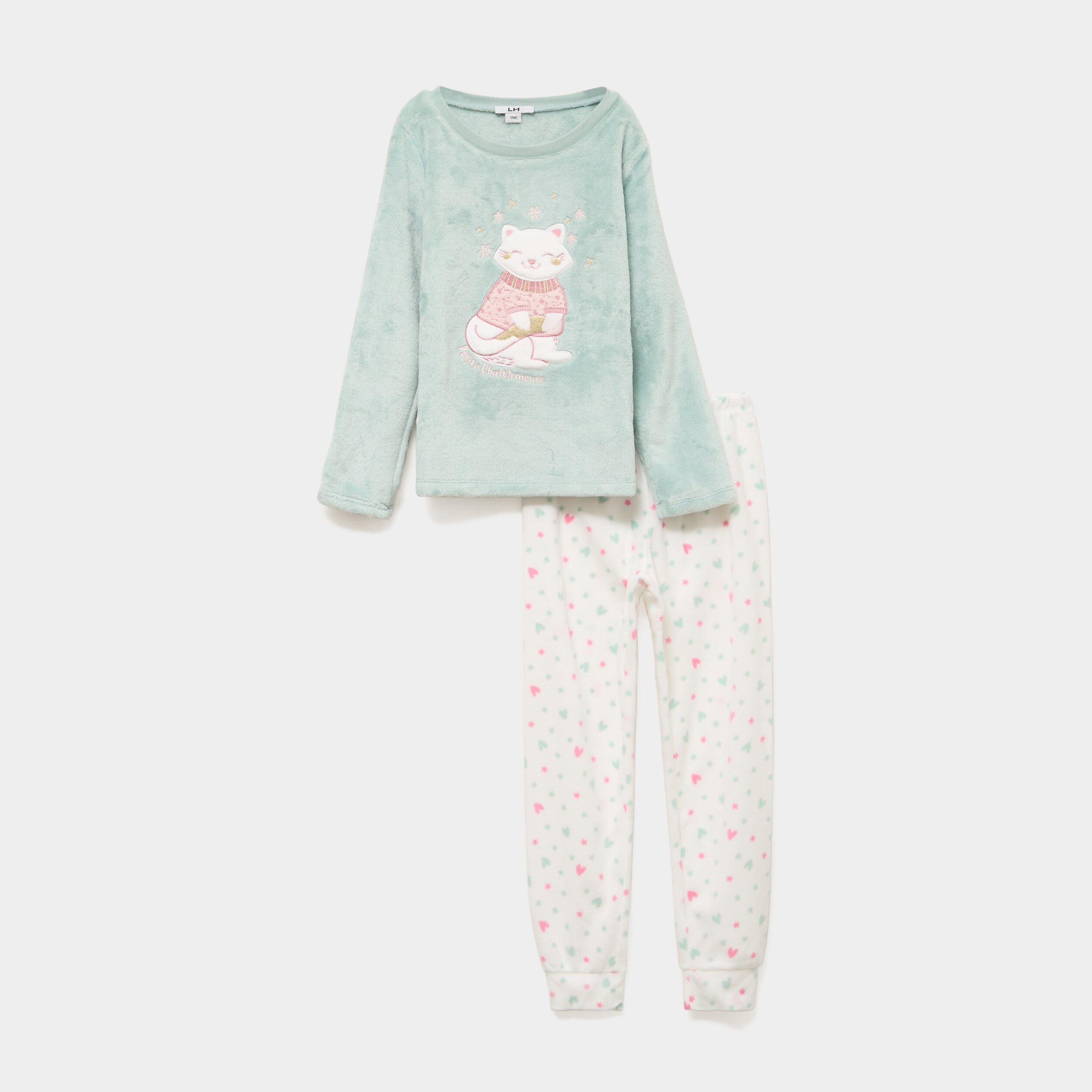 Ensemble pyjama effet velours 2 pi&egrave;ces vert clair fille