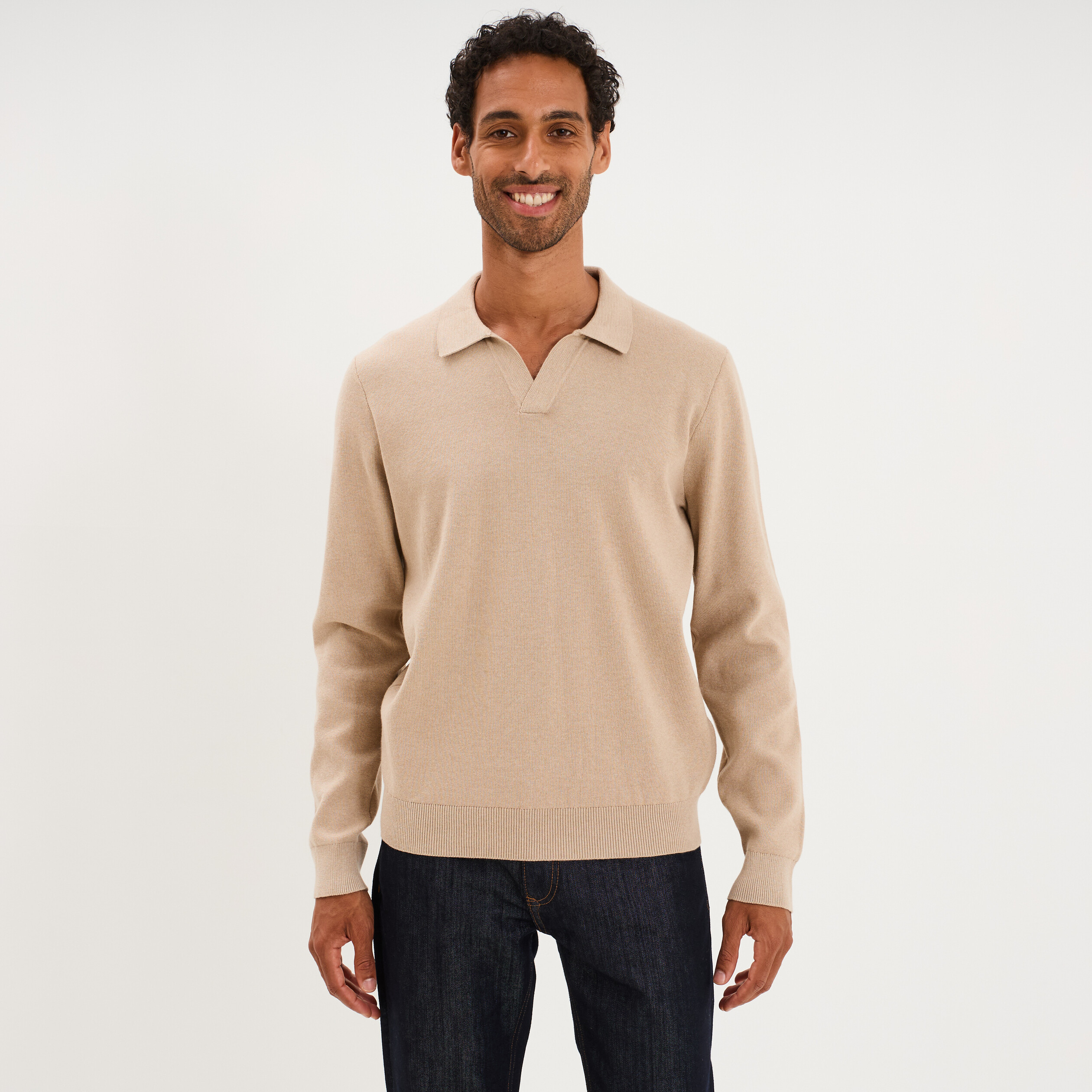Pull col polo manches longues beige homme