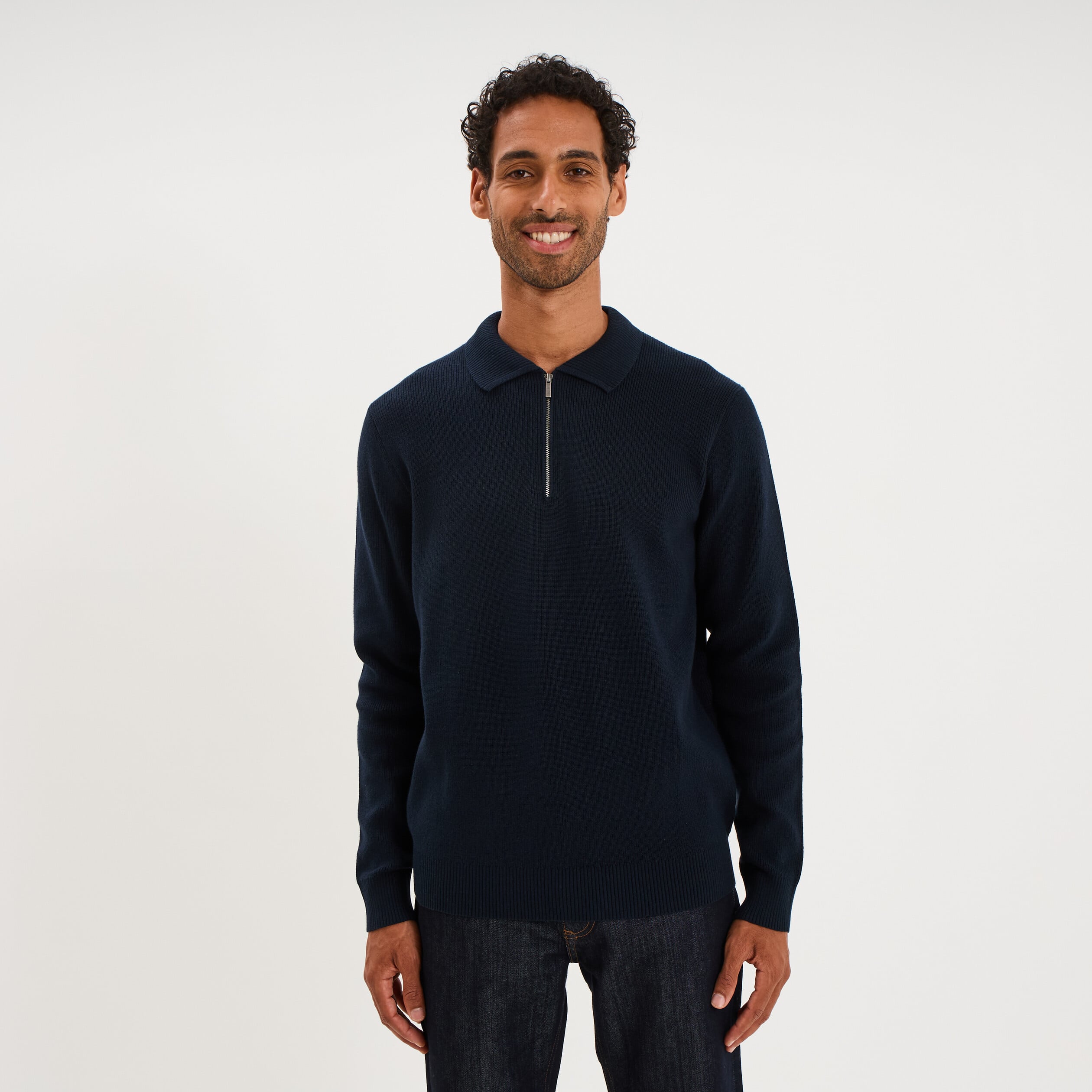 Pull col polo zipp&eacute; manches longues bleu marine homme