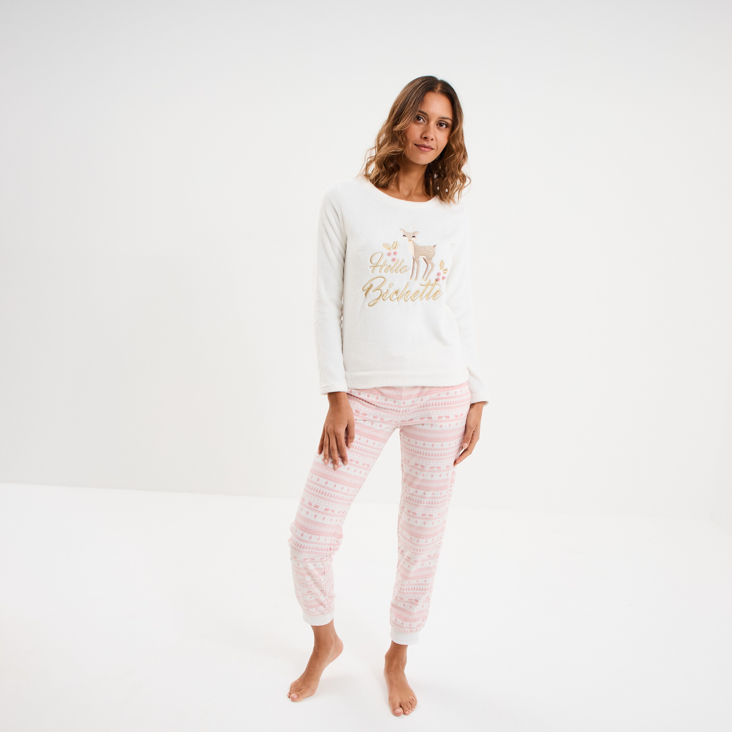 Ensemble pyjama effet velours 2 pi&egrave;ces blanc femme