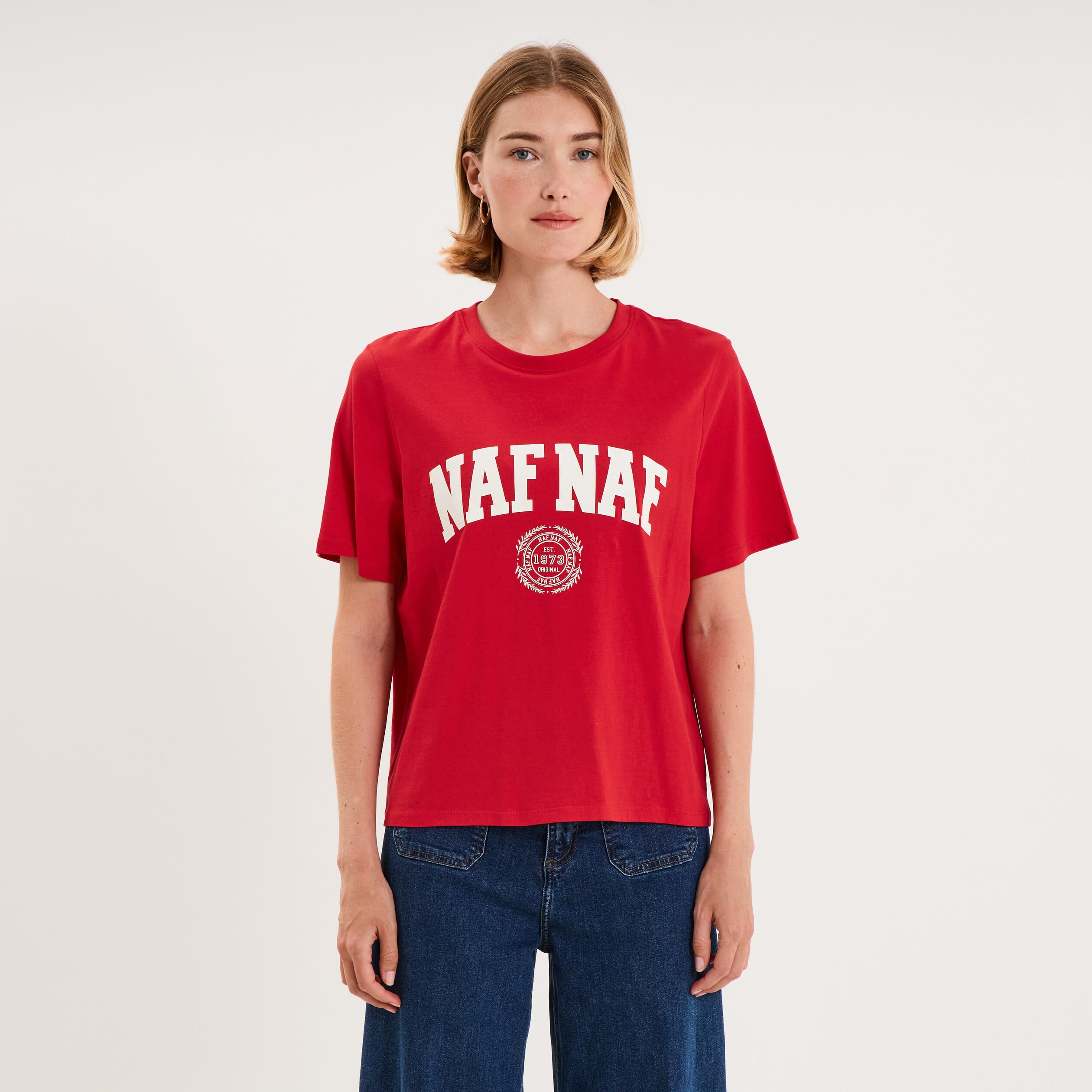 T-shirt col rond manches courtes print rouge femme