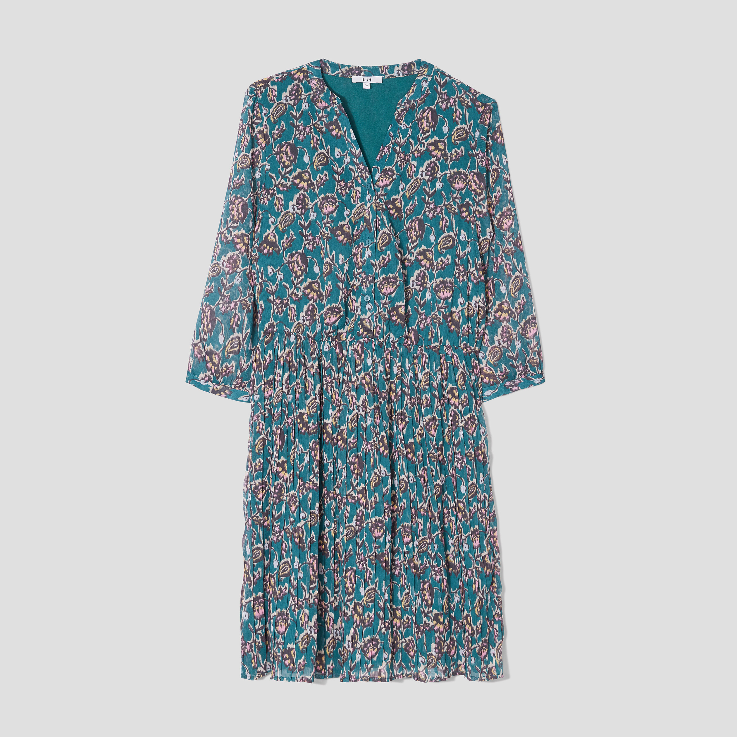 robe evasee bas plisse manches 34 vert fonce femme Robe évasée bas plissé manches 3/4 vert foncé femme