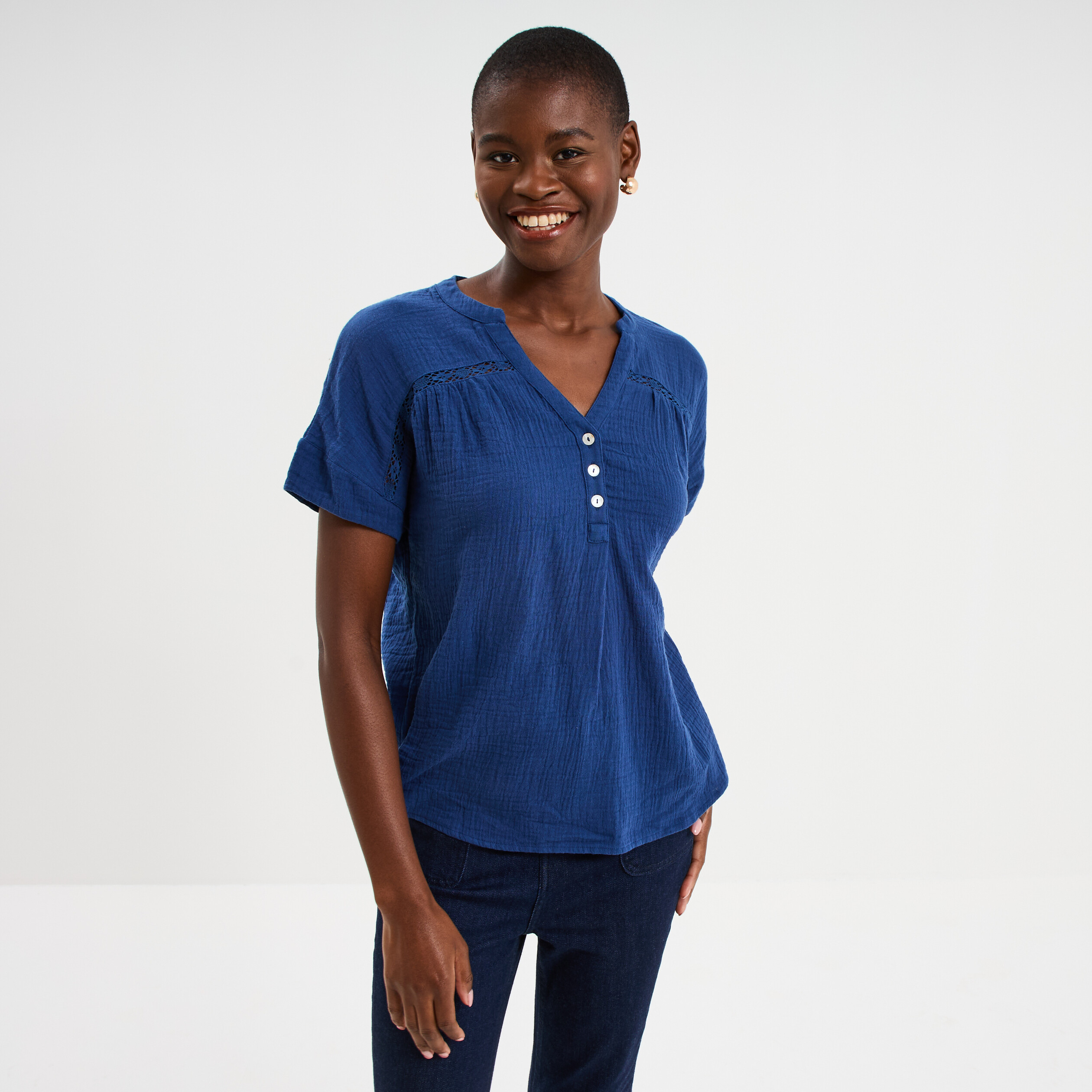 Blouse Col tunisien gaze de coton bleu marine femme