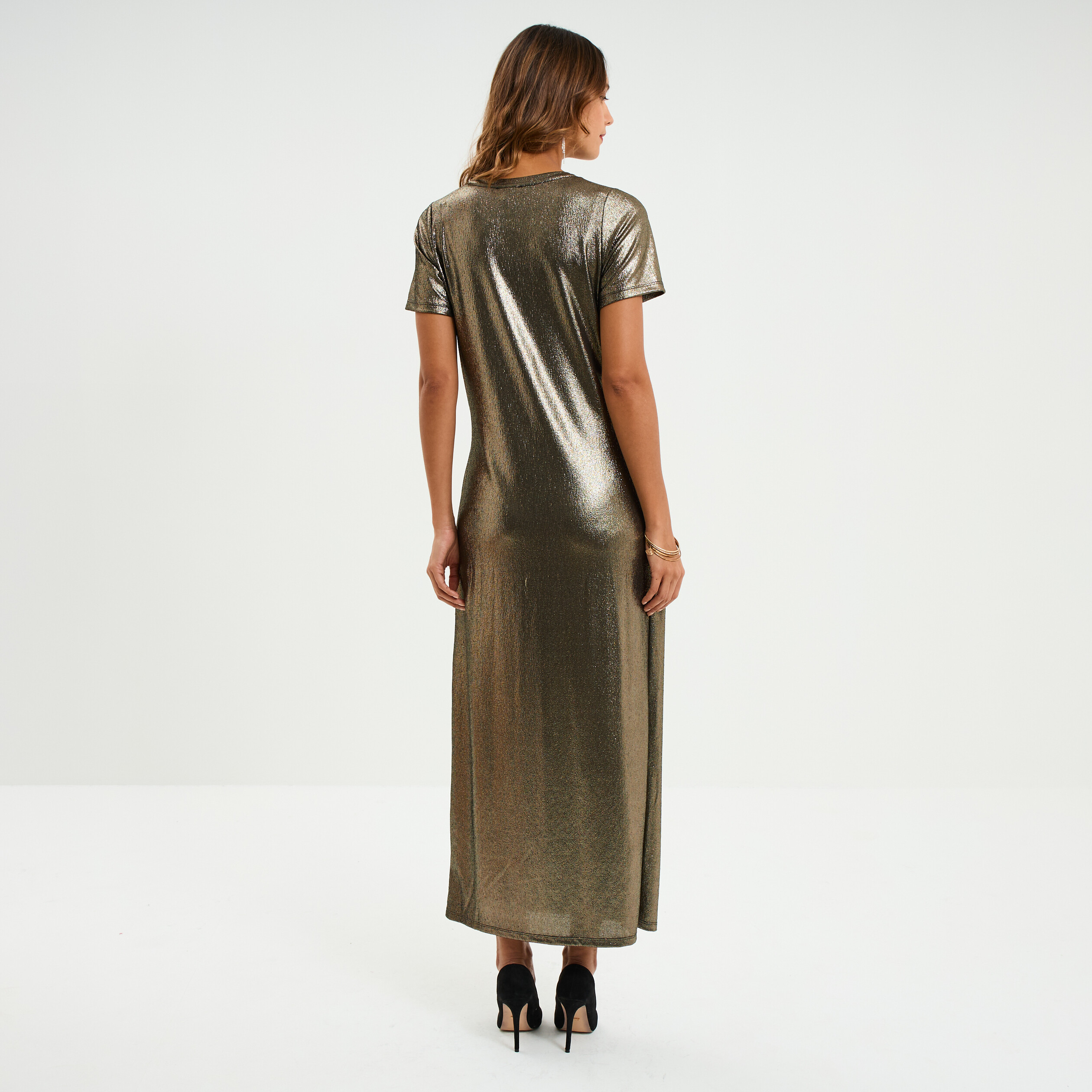 Robe longue d&eacute;tail noeud c&ocirc;t&eacute; jaune or femme
