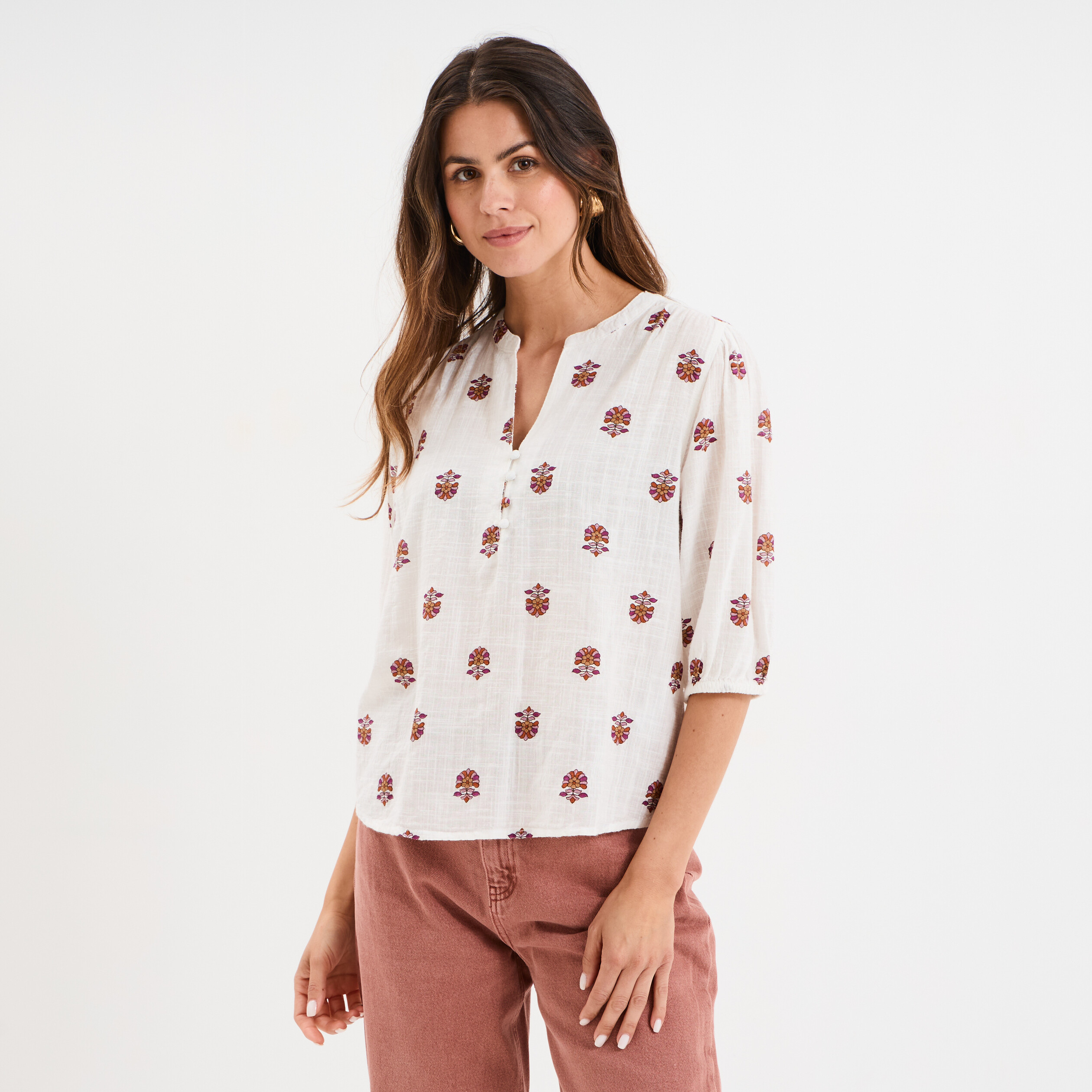 Blouse col tunisien manches 3/4 coton blanc femme