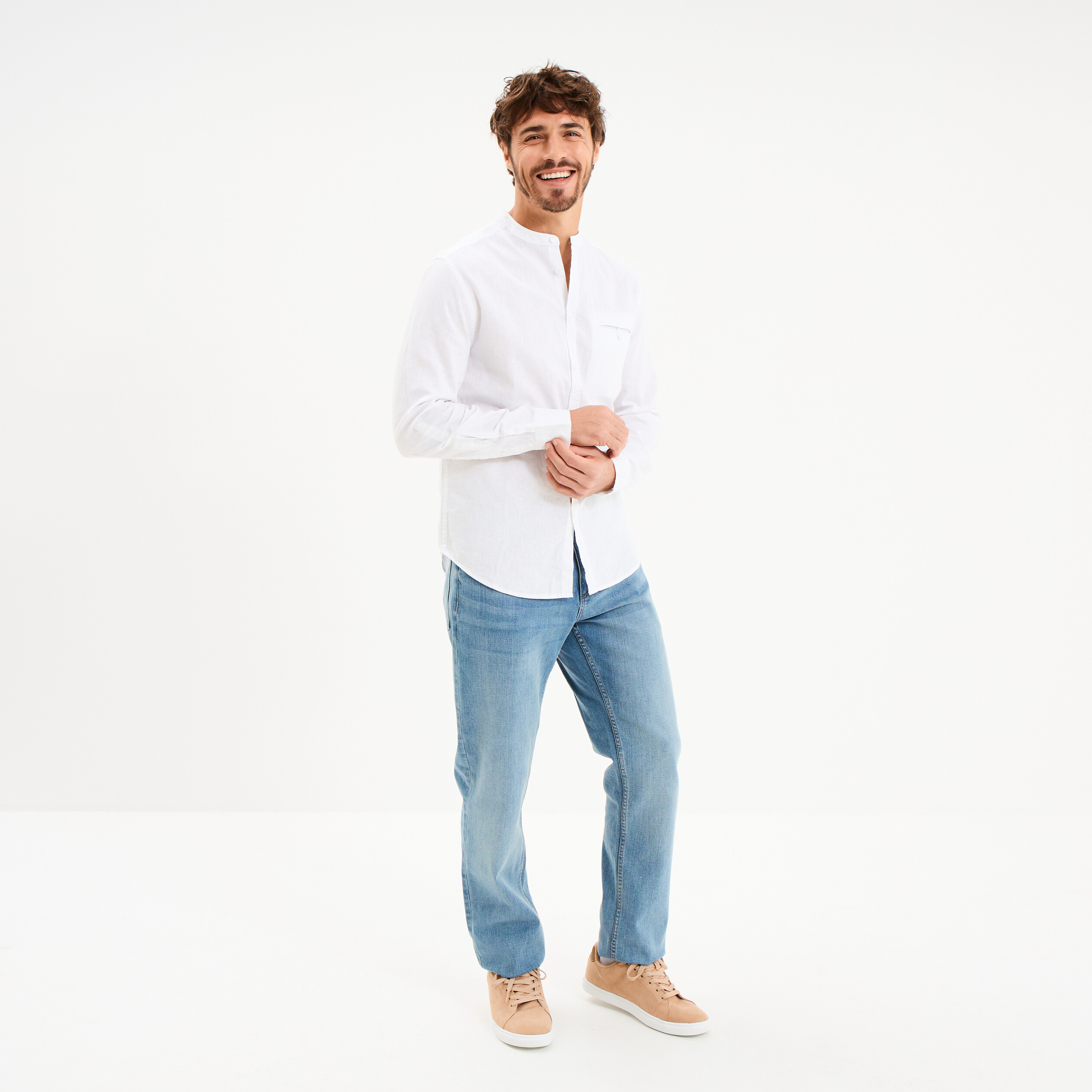 Chemise col mao lin m&eacute;lang&eacute; blanc homme