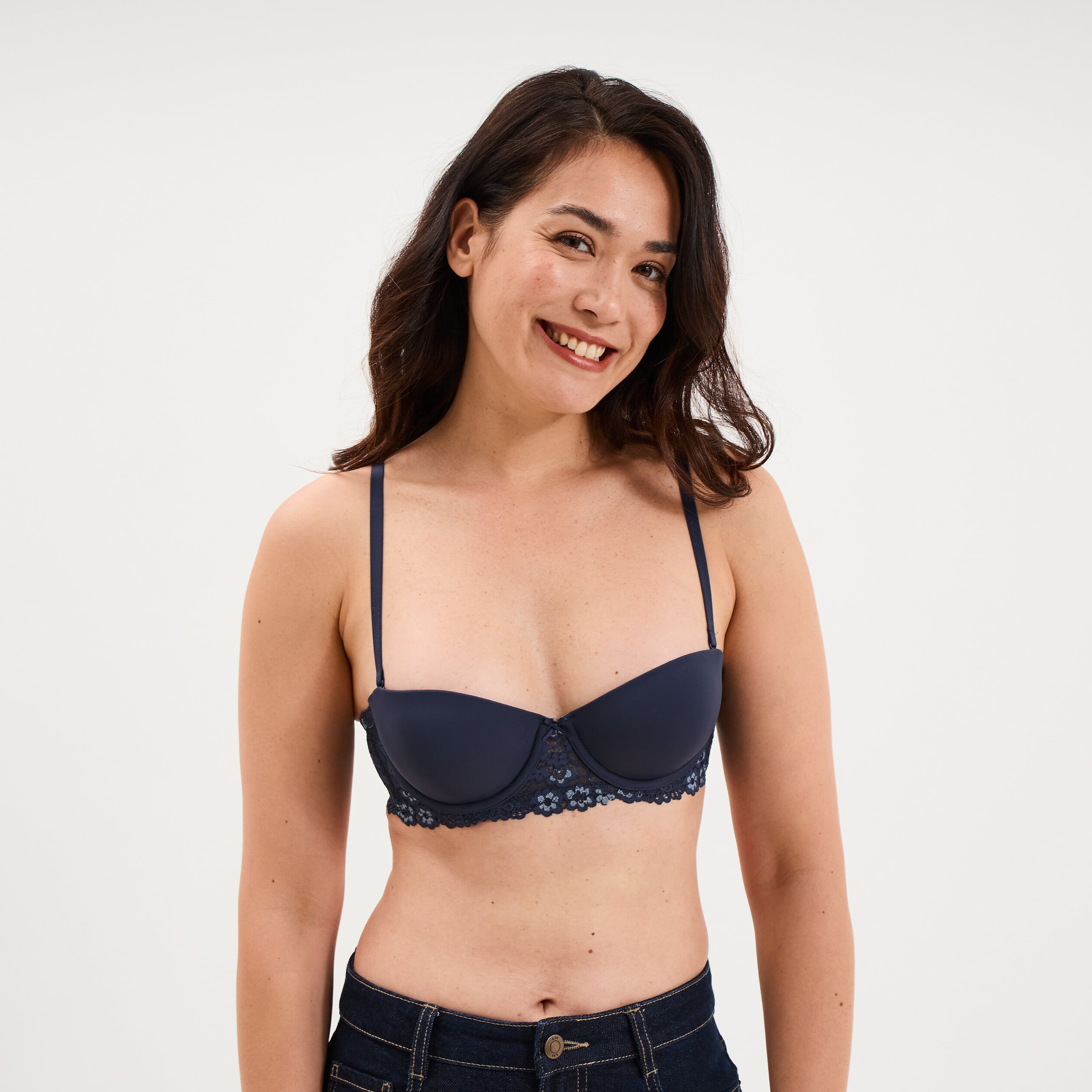 Soutien-gorge balconnet micro dentelle bleu marine femme