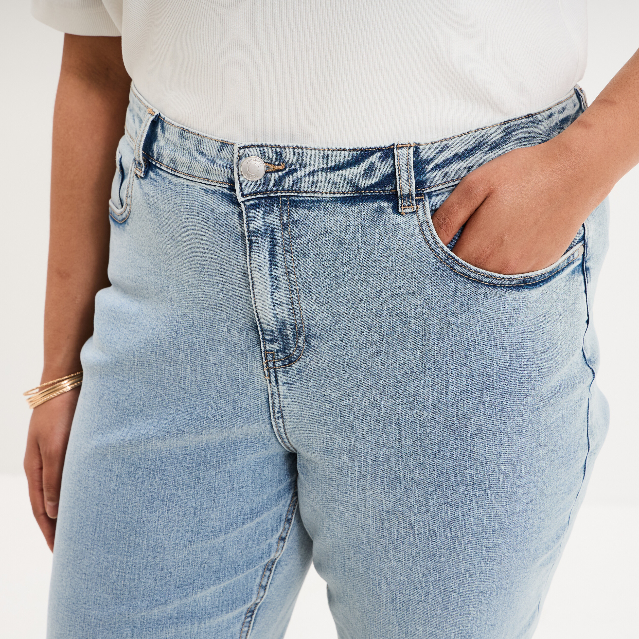 Jeans mom cropped taille haute denim double stone femme grande taille