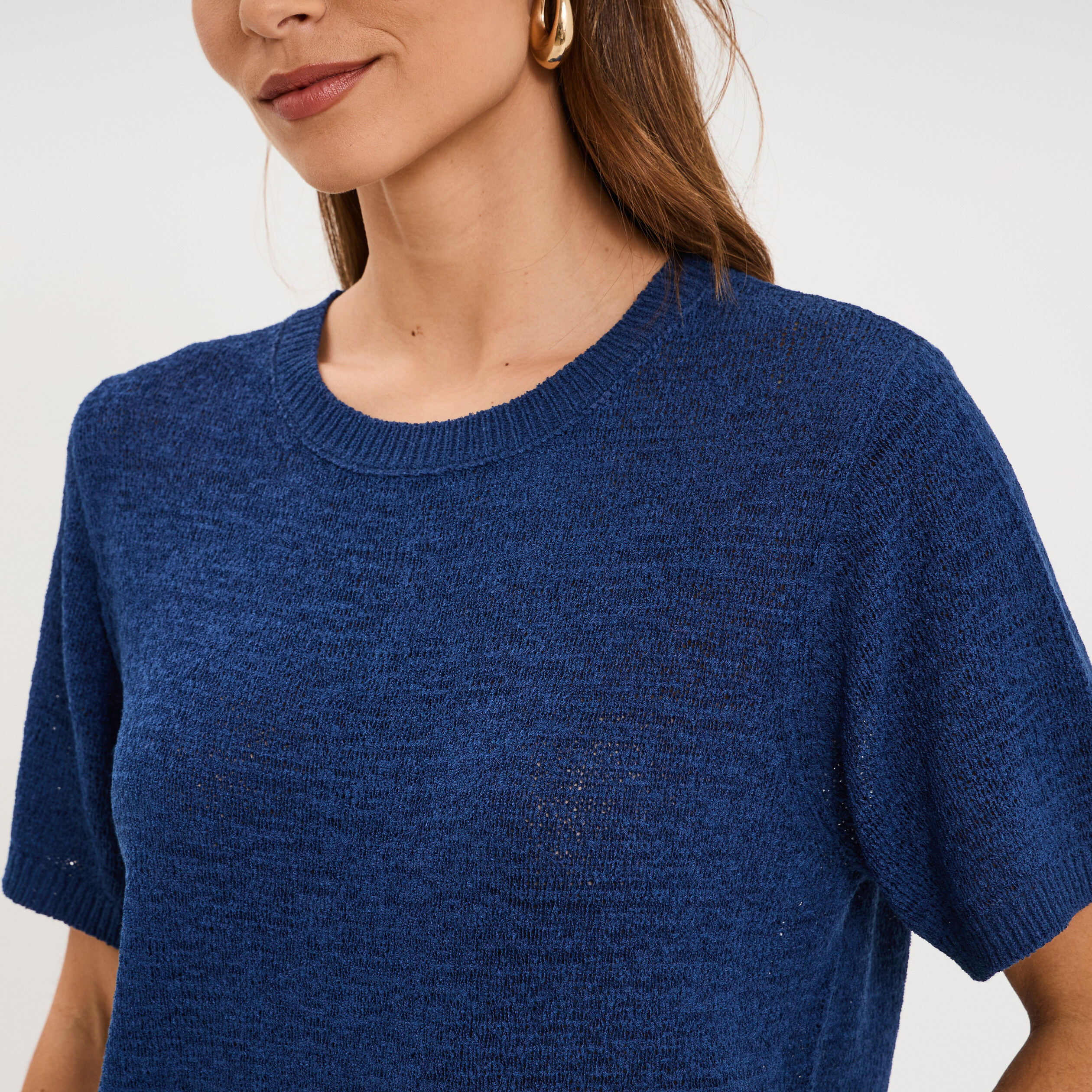 Pull manches courtes col rond bleu marine femme