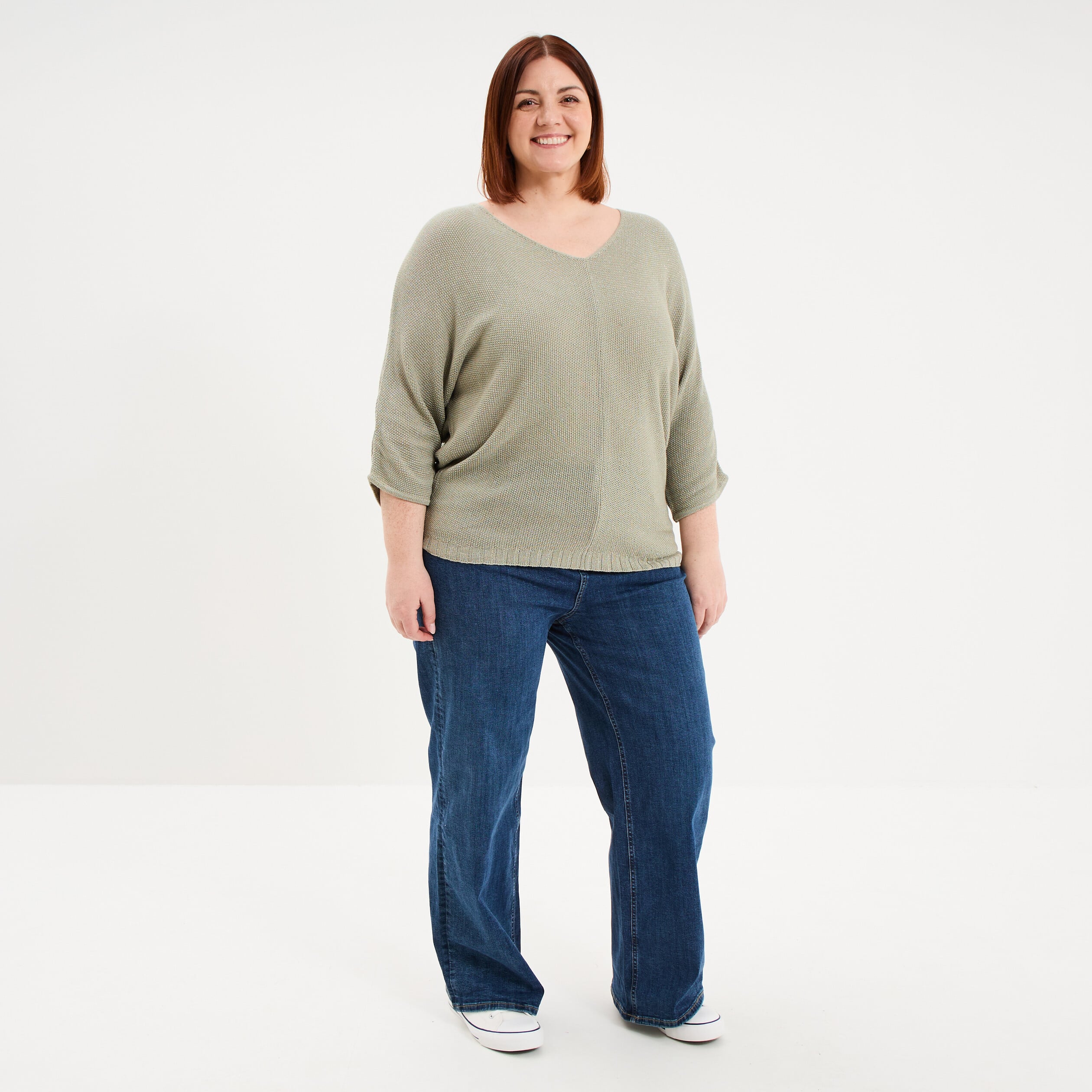 Pull manches 3/4 col en V vert kaki femme grande taille
