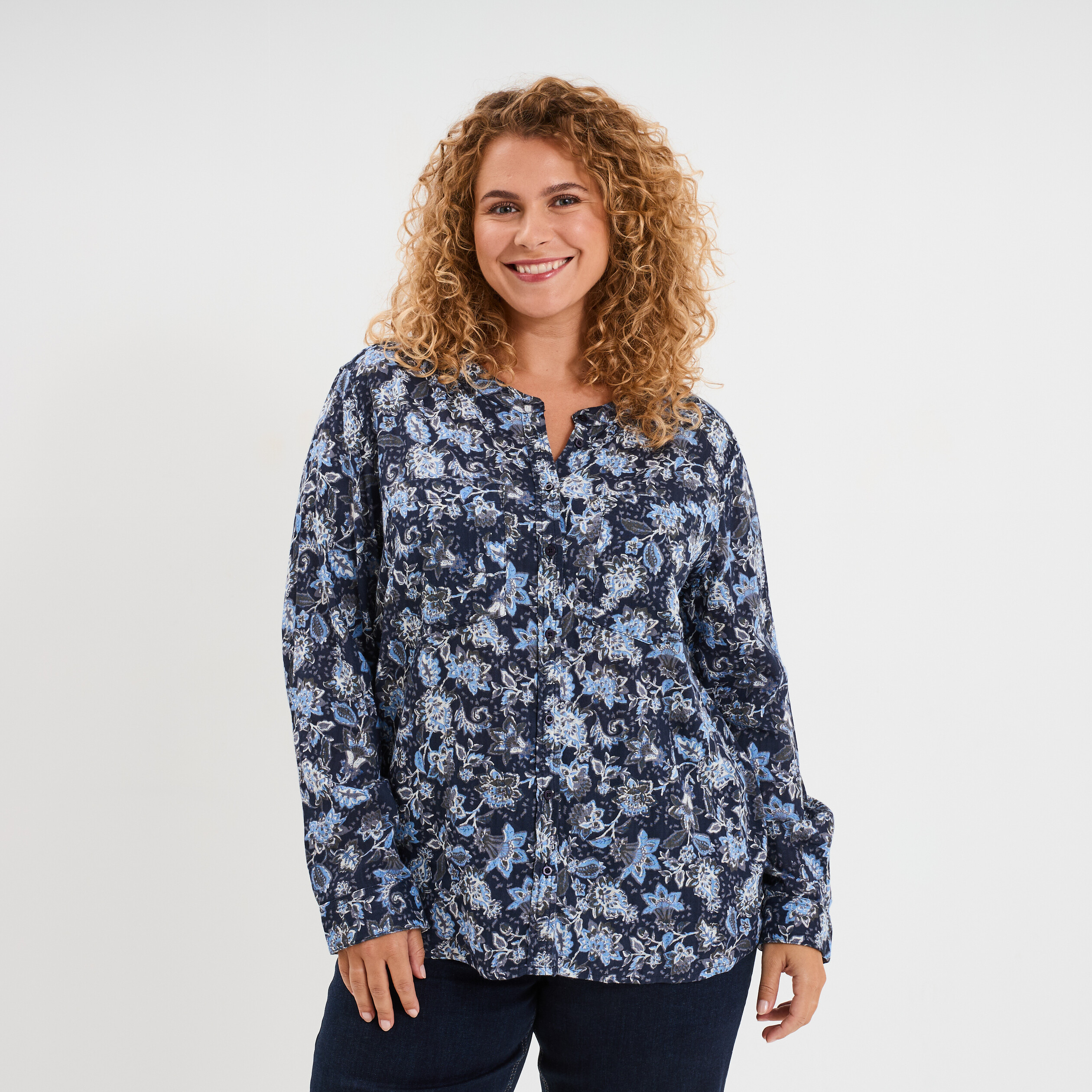chemise col mao modavista bleu marine femmegt Chemise col mao Modavista bleu marine femme grande taille