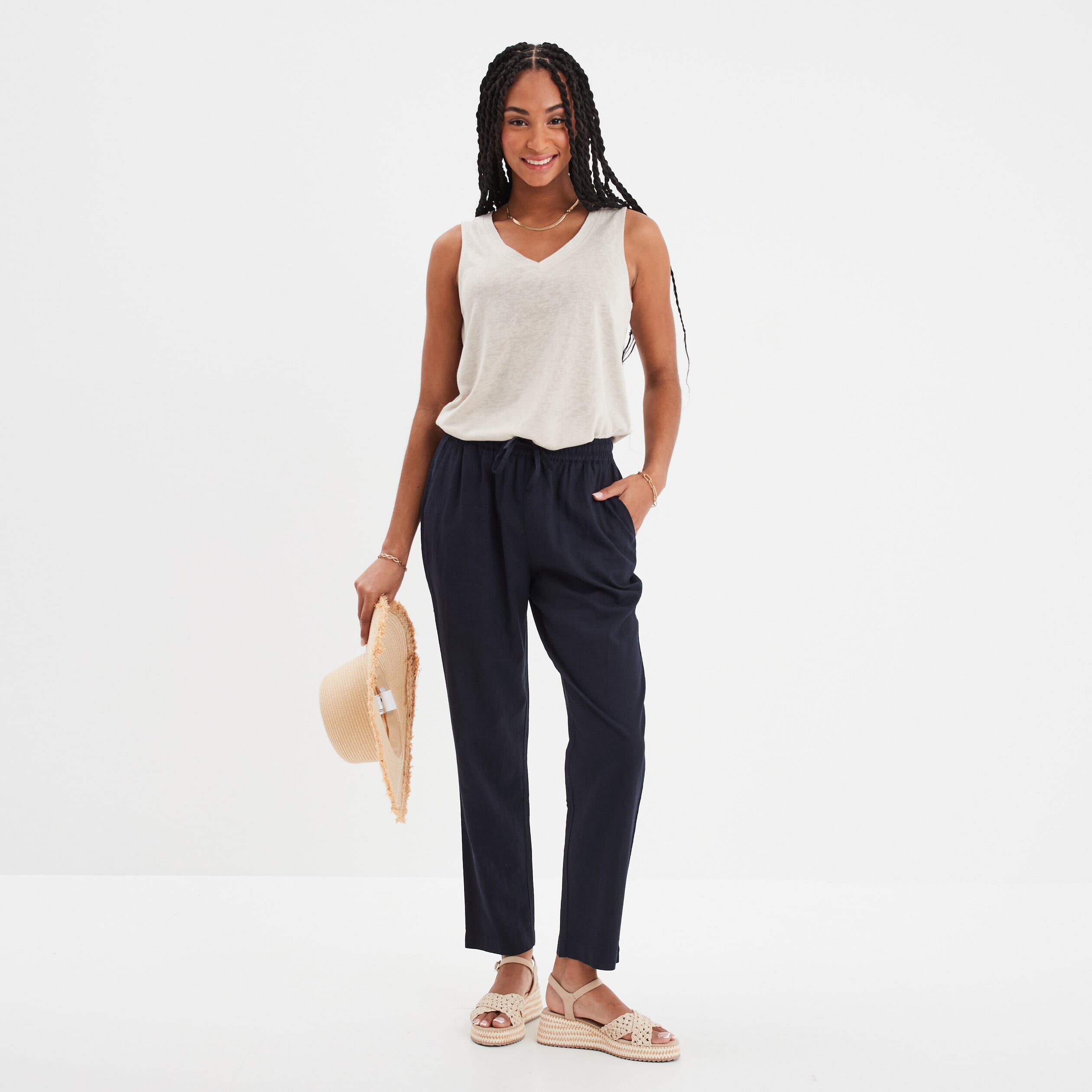 Pantalon droit 7/8&egrave;me lin m&eacute;lang&eacute; bleu fonc&eacute; femme