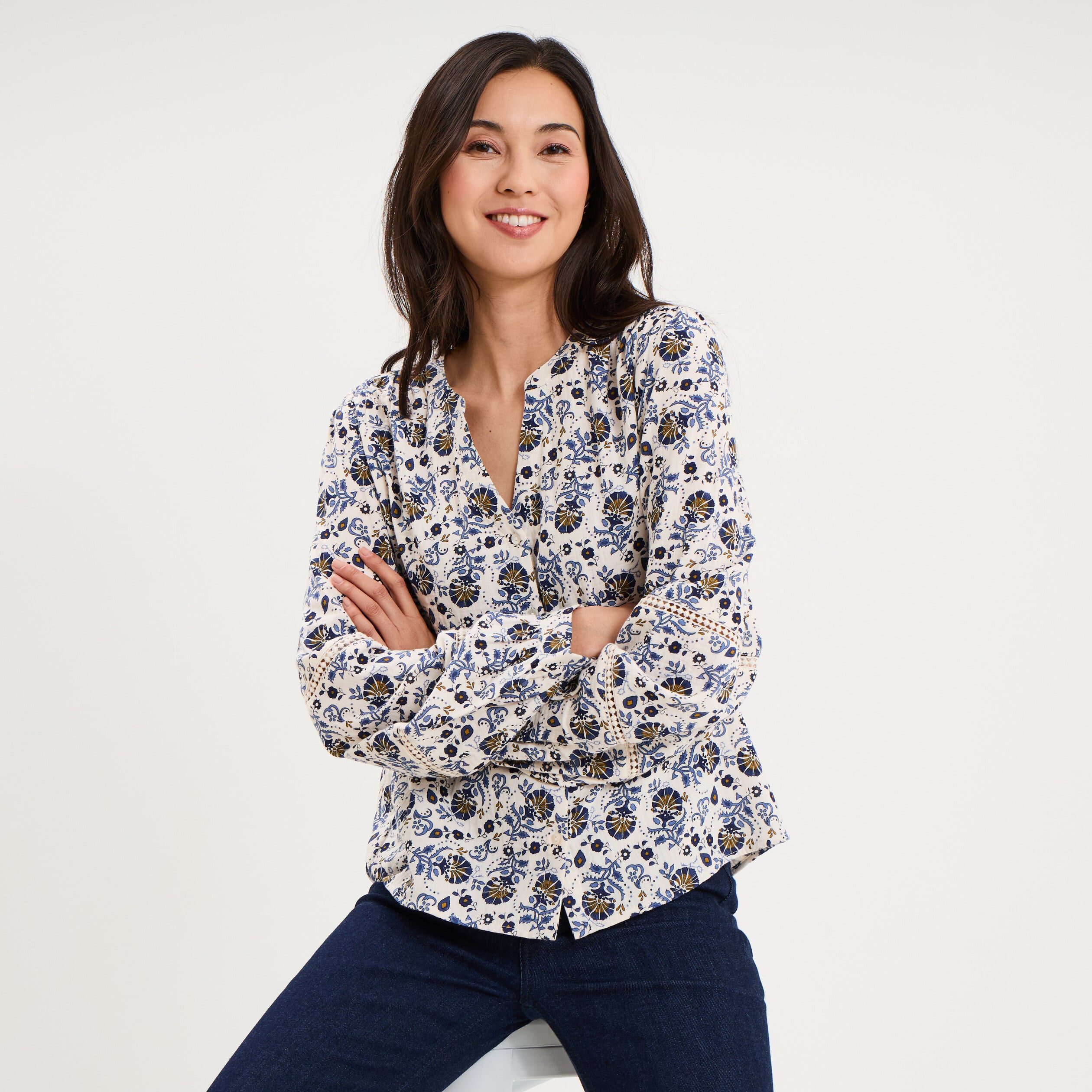 Blouse manches ballons coton ecru femme