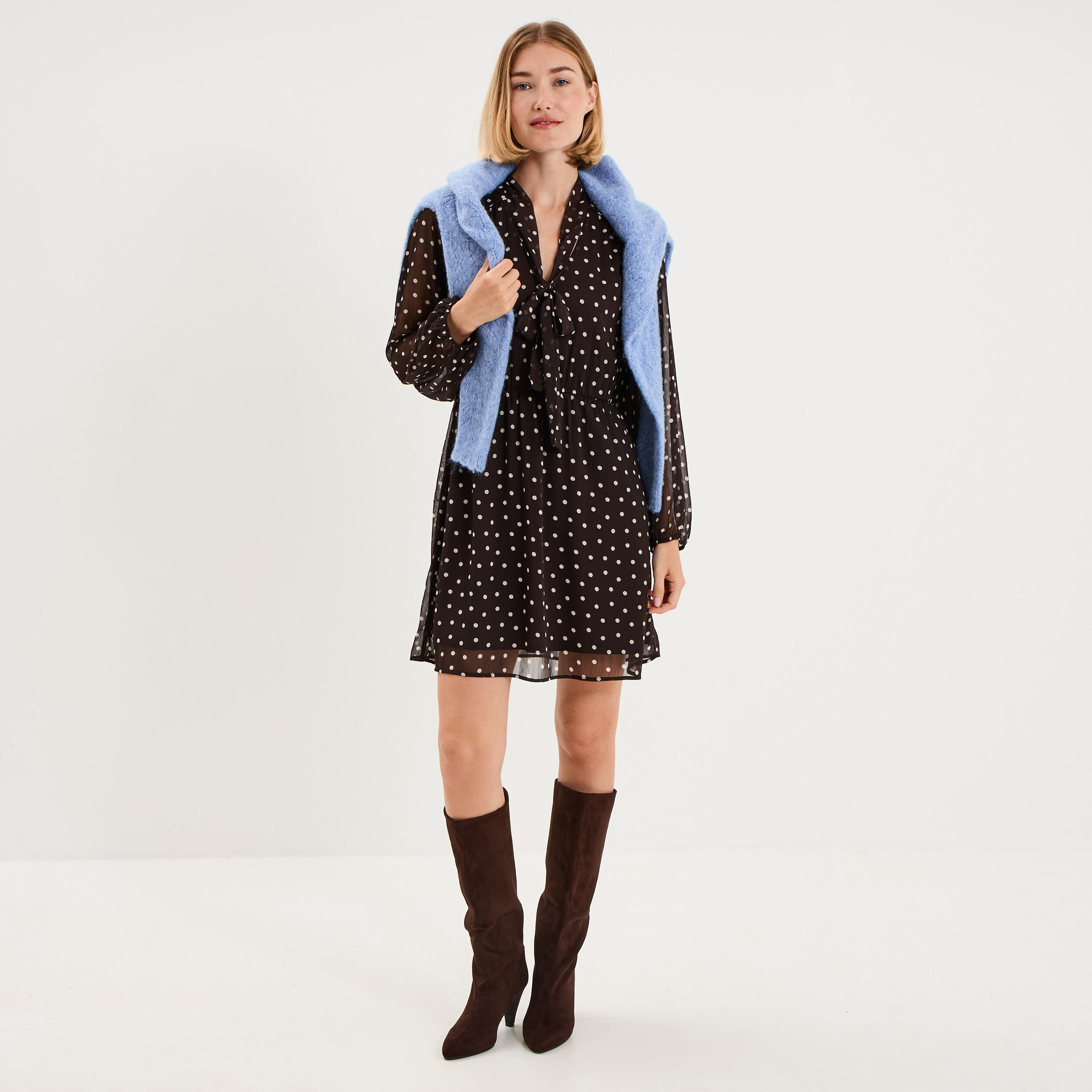Robe courte lavalli&egrave;re manches longues marron chocolat femme