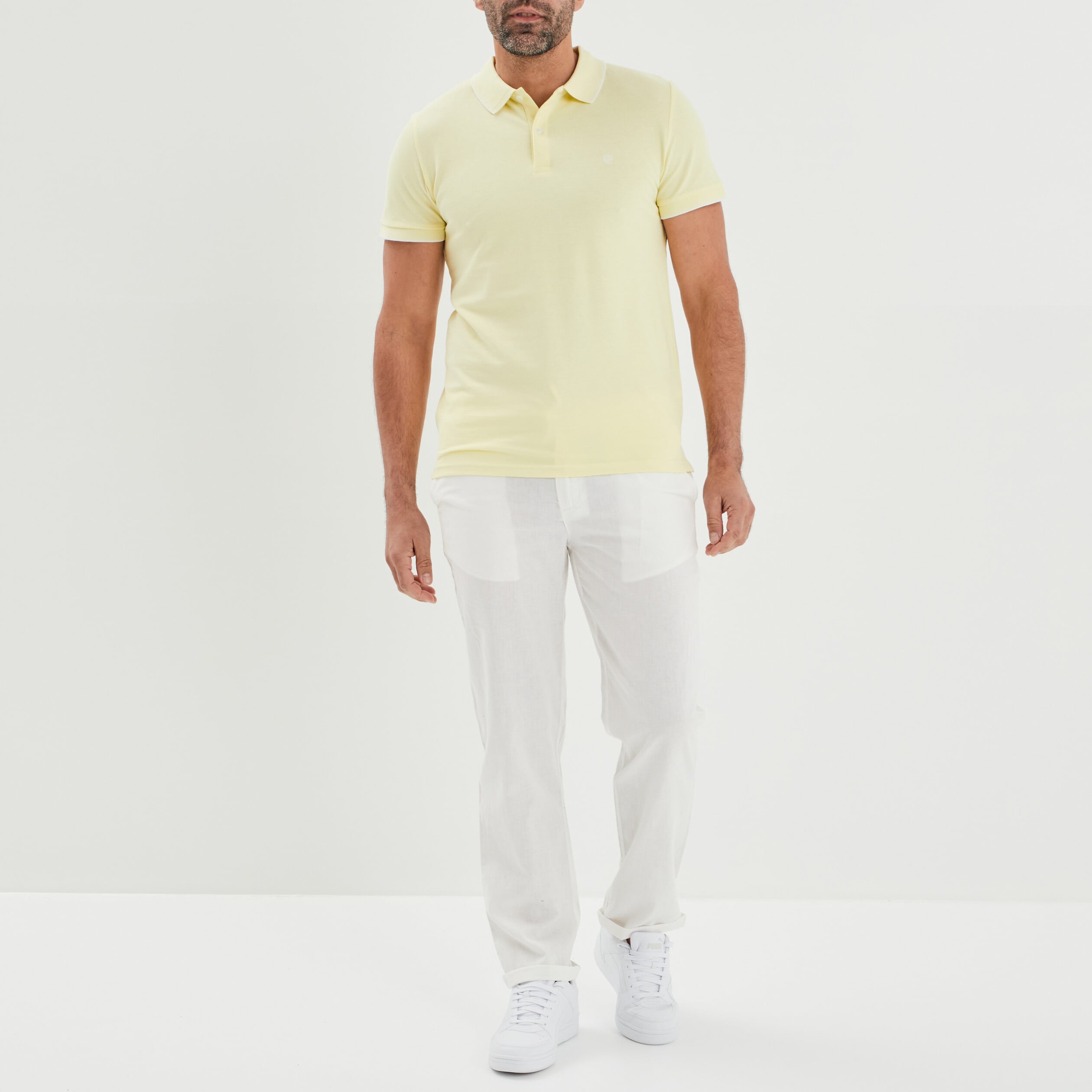 Pantalon chino droit lin m&eacute;lang&eacute; blanc homme