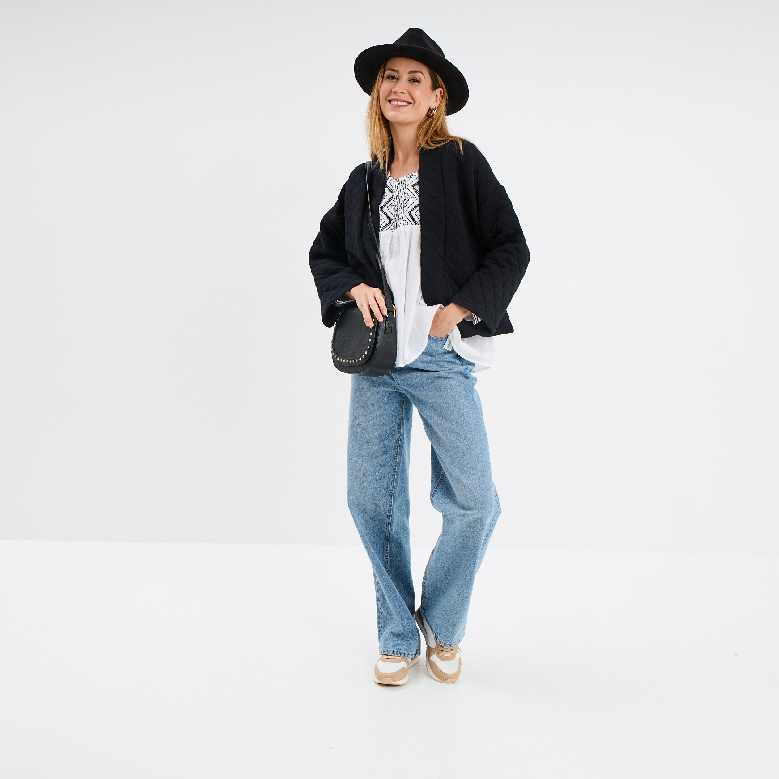veste esprit kimono matelassee en jersey noir femme Veste esprit kimono matelassée en jersey noir femme