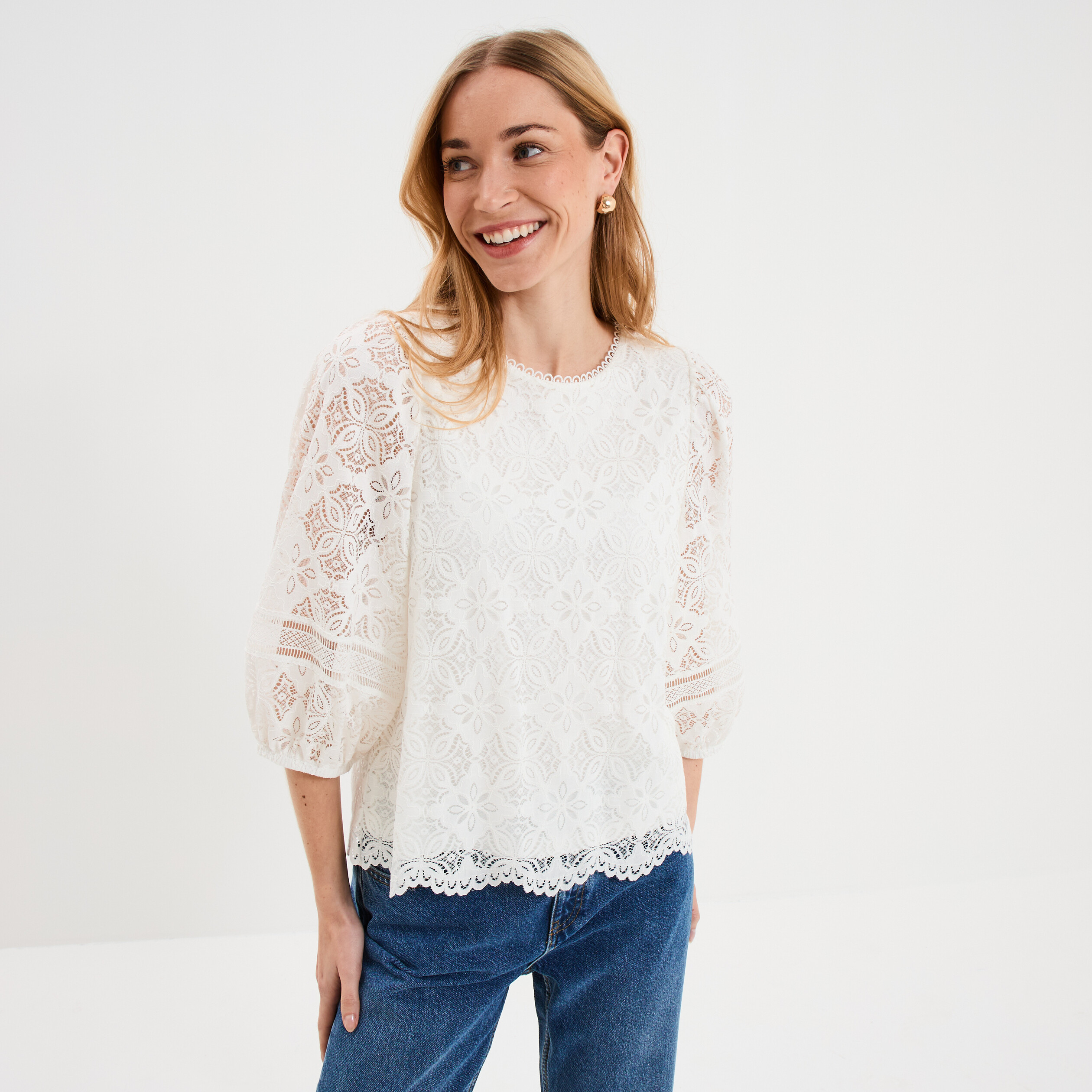 Blouse Dentelle Manches 3 4 Blanc Femme La Halle blouse-dentelle-manches-3-4-blanc-femme-la-halle