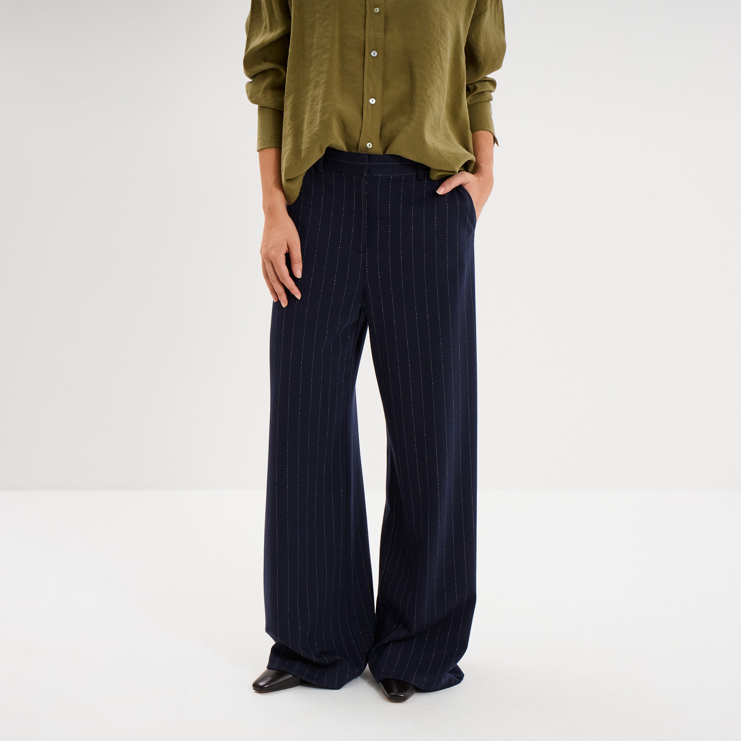Pantalon large taille haute milano bleu marine femme