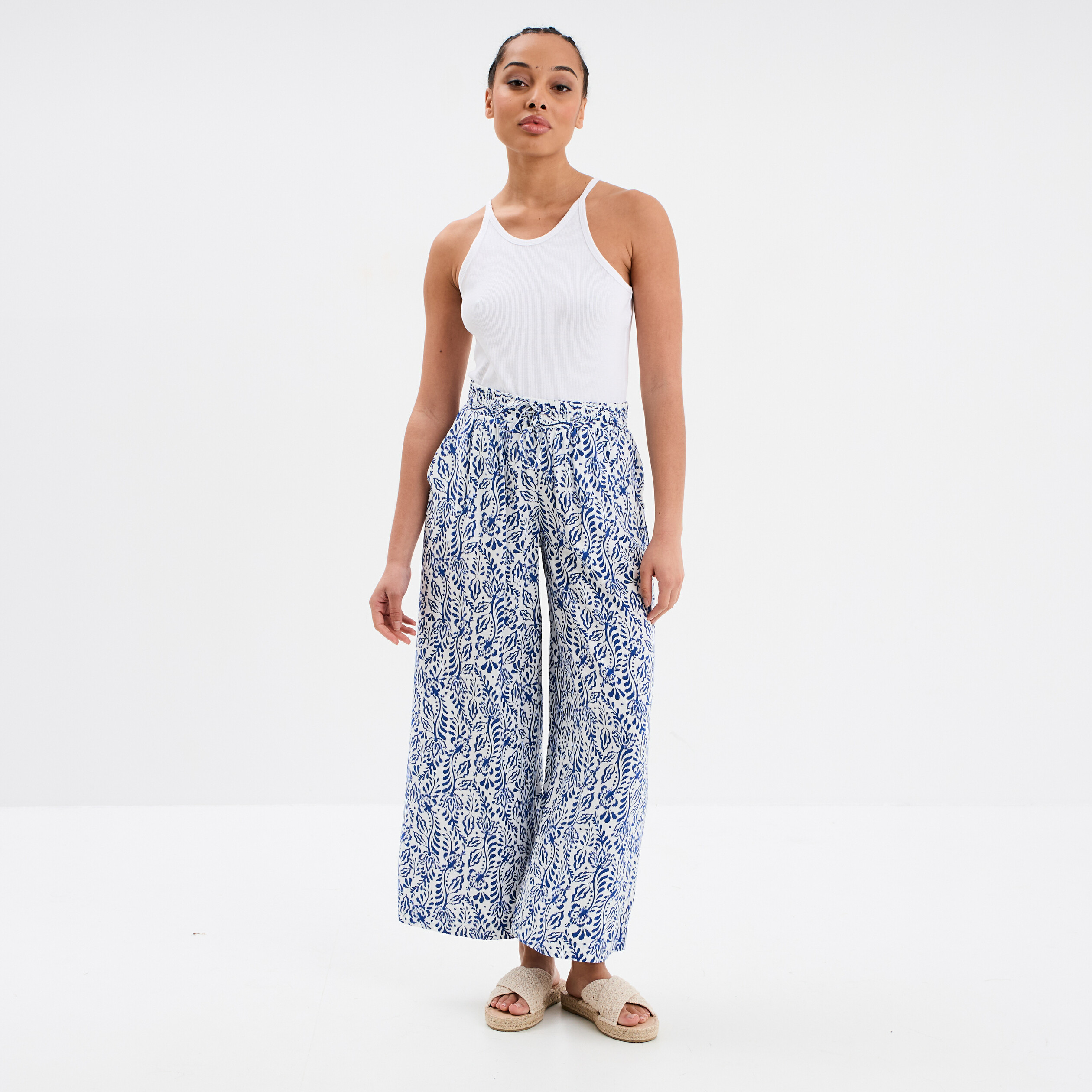 pantalon fluide large taille elastiquee bleu marine femme Pantalon fluide large taille élastiquée bleu marine femme