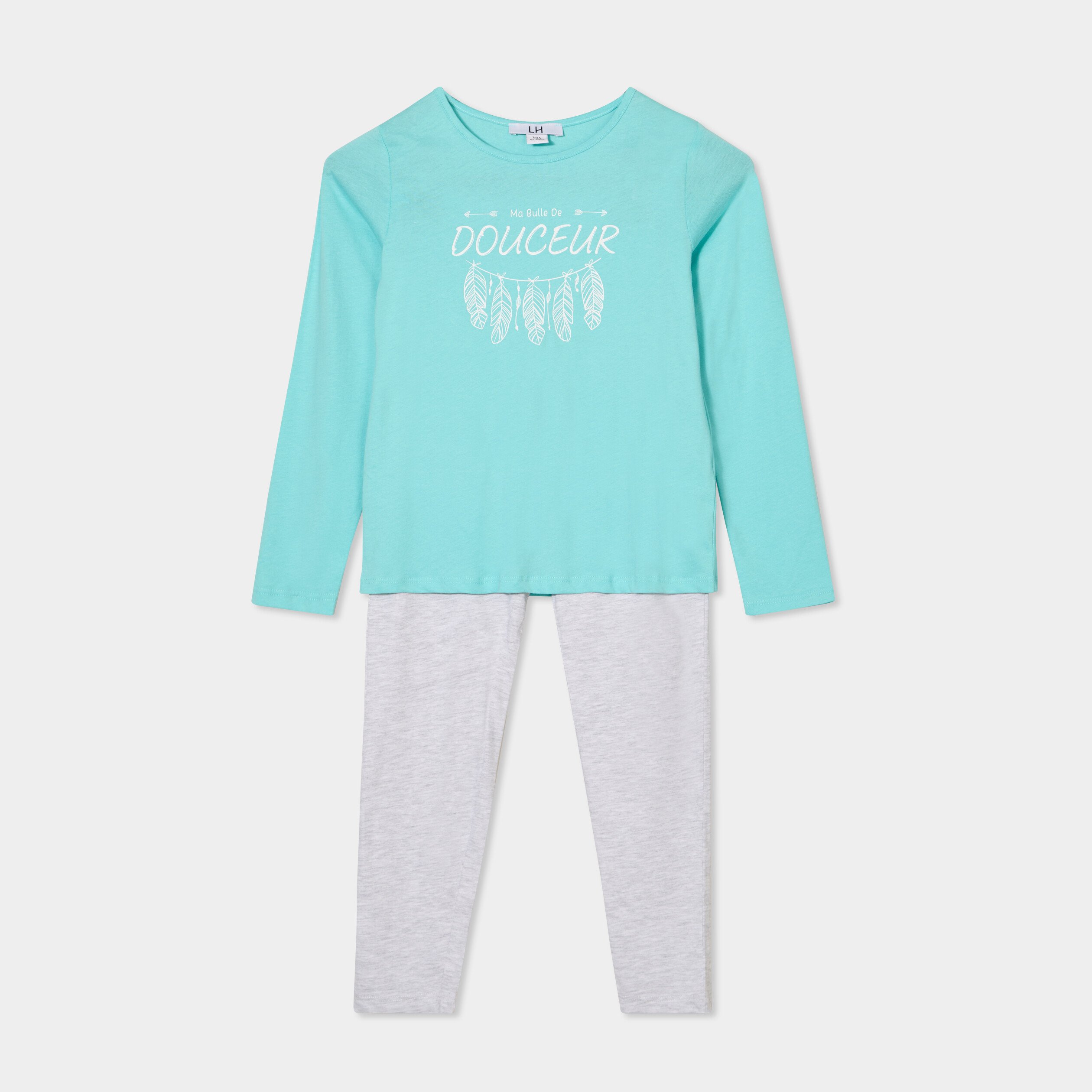 ensemble pyjama pantalon 2 pieces coton bleu clair fille Ensemble pyjama pantalon 2 pièces coton bleu clair fille