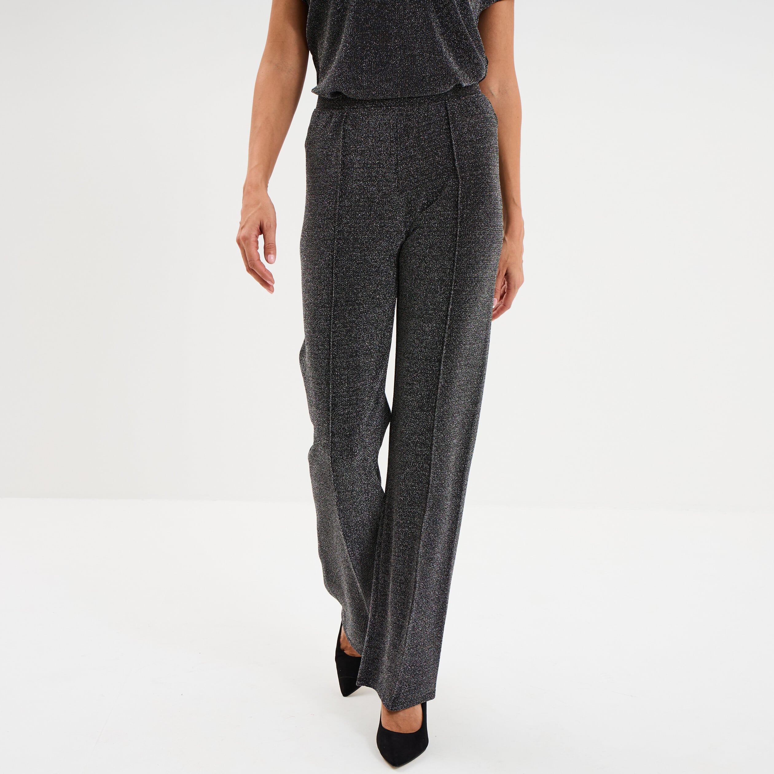 Pantalon flare fils m&eacute;tallis&eacute;s gris argent femme