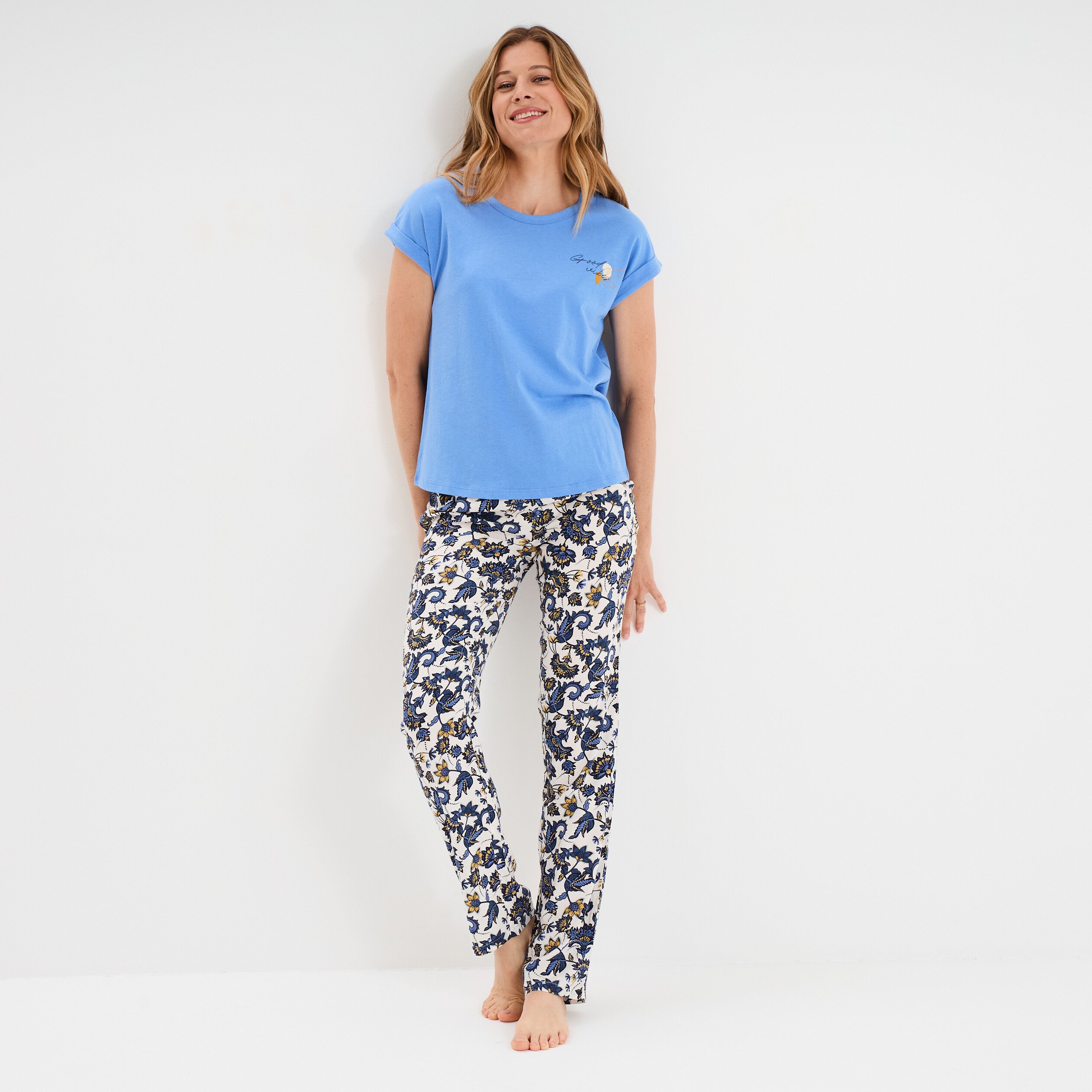 ensemble pyjama col rond 2 pieces fluide blanc femme Ensemble pyjama col rond 2 pièces fluide blanc femme