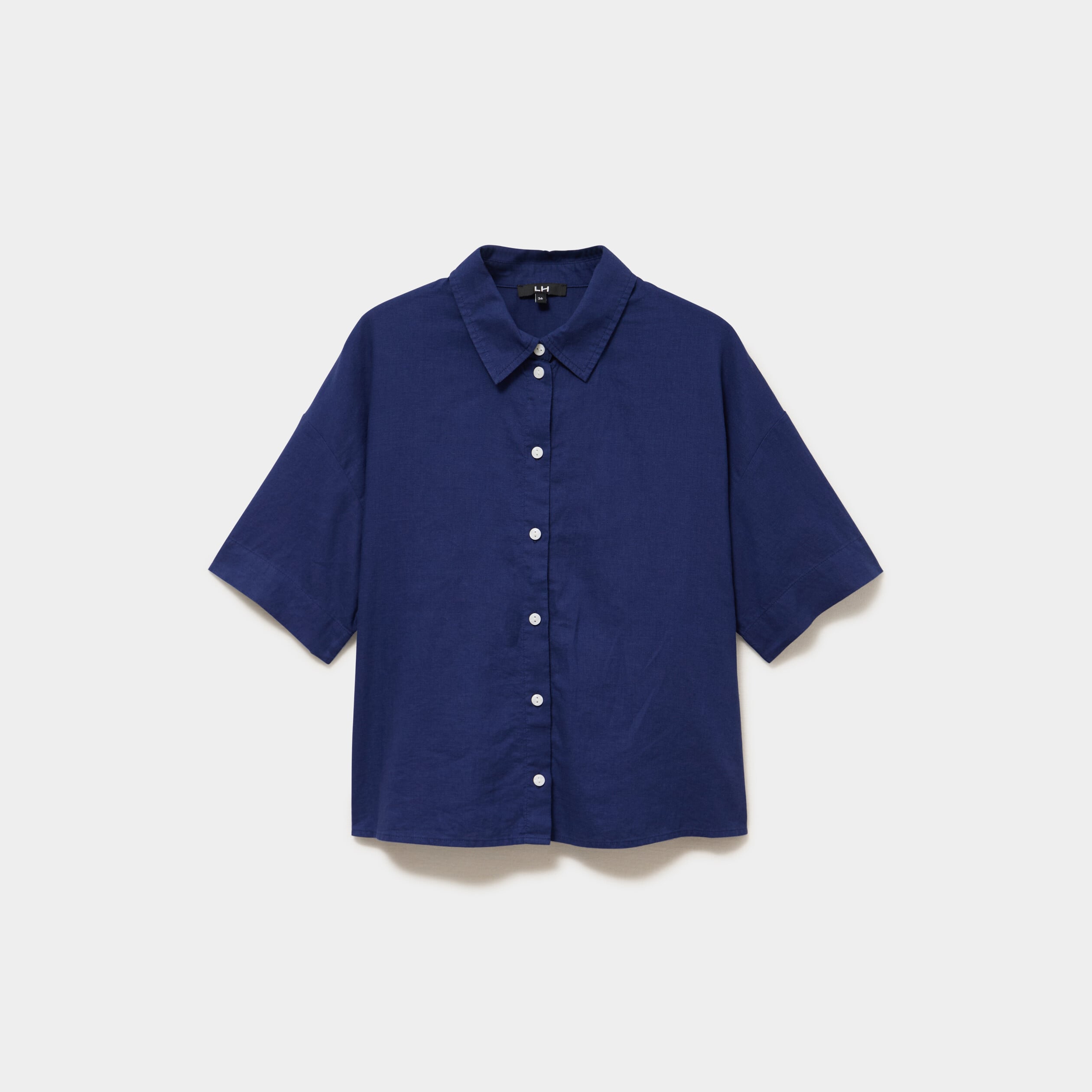 Chemise manches courtes lin m&eacute;lang&eacute; bleu fonc&eacute; femme
