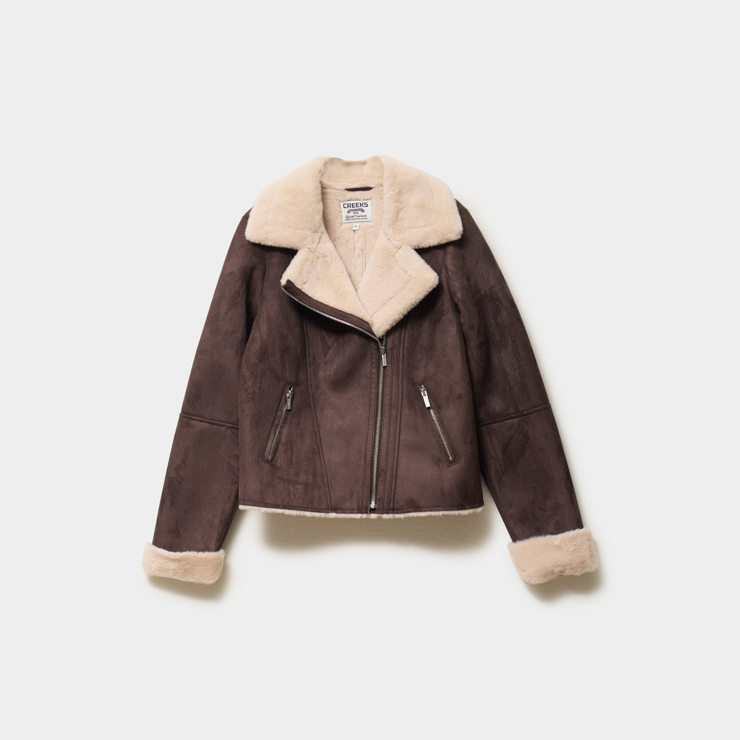 Veste col aviateur zipp&eacute;e doubl&eacute;e marron fonc&eacute; femme