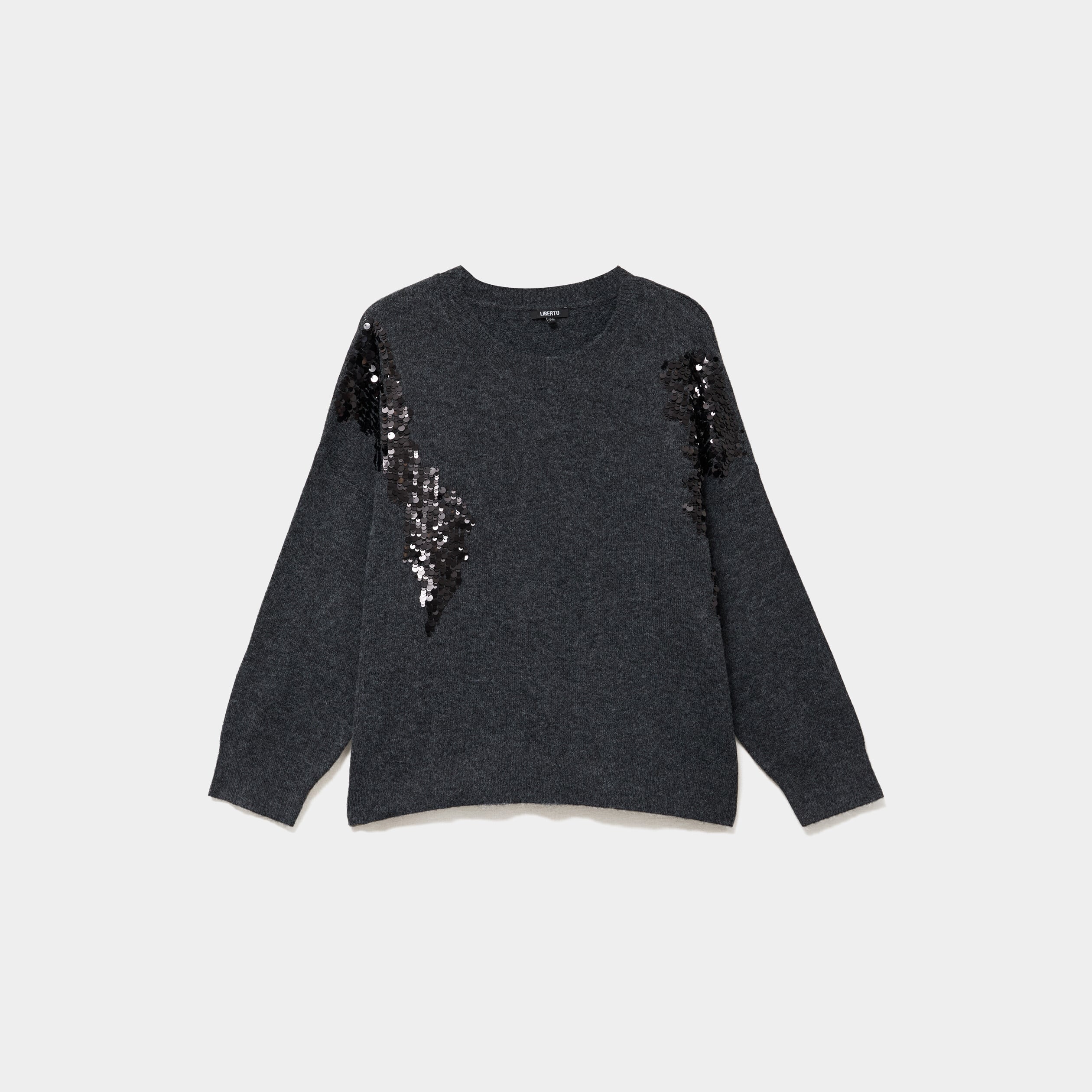Pull &agrave; paillettes col rond gris fonc&eacute; femme grande taille