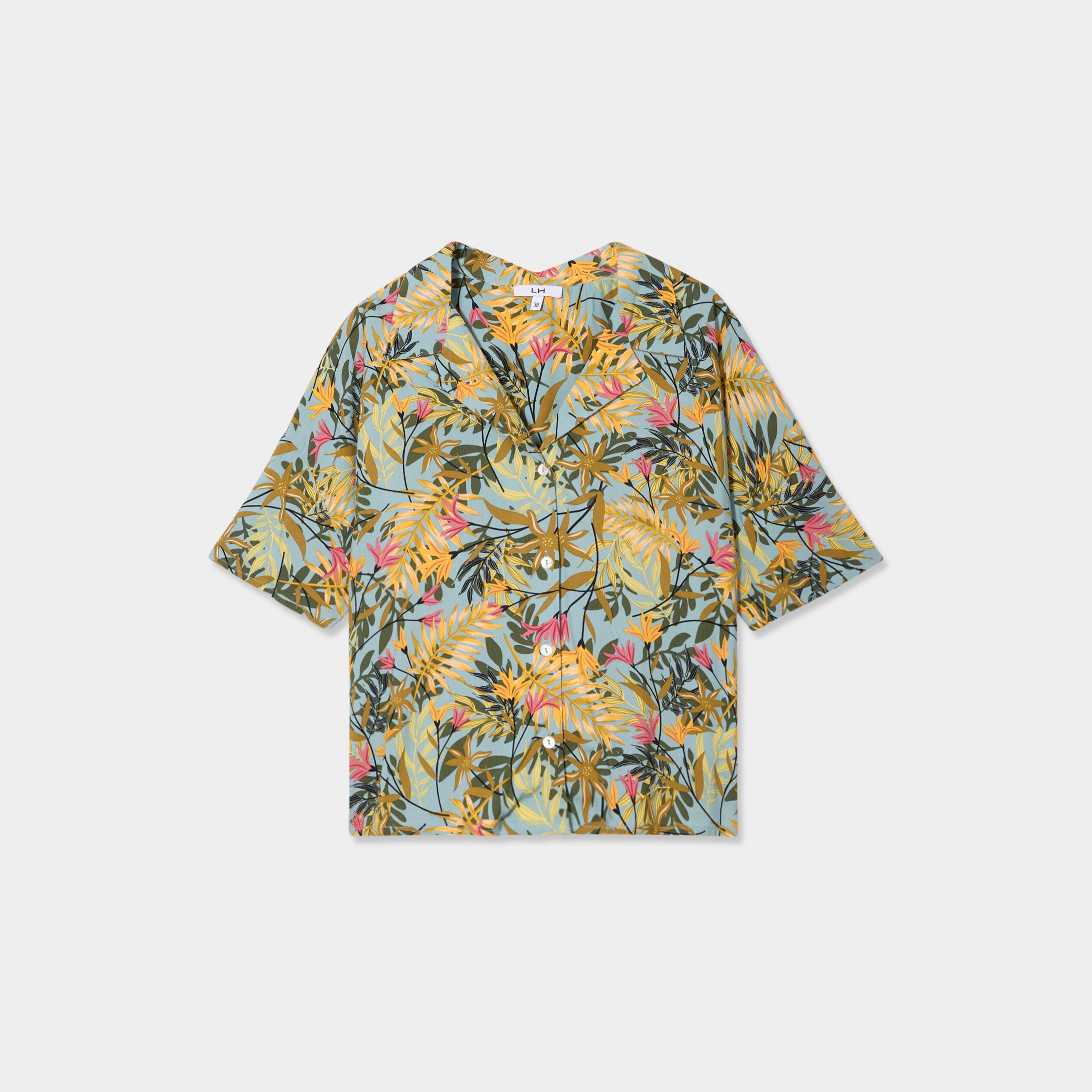 chemise col cubain manches courtes vert emeraude femme Chemise col cubain manches courtes vert émeraude femme