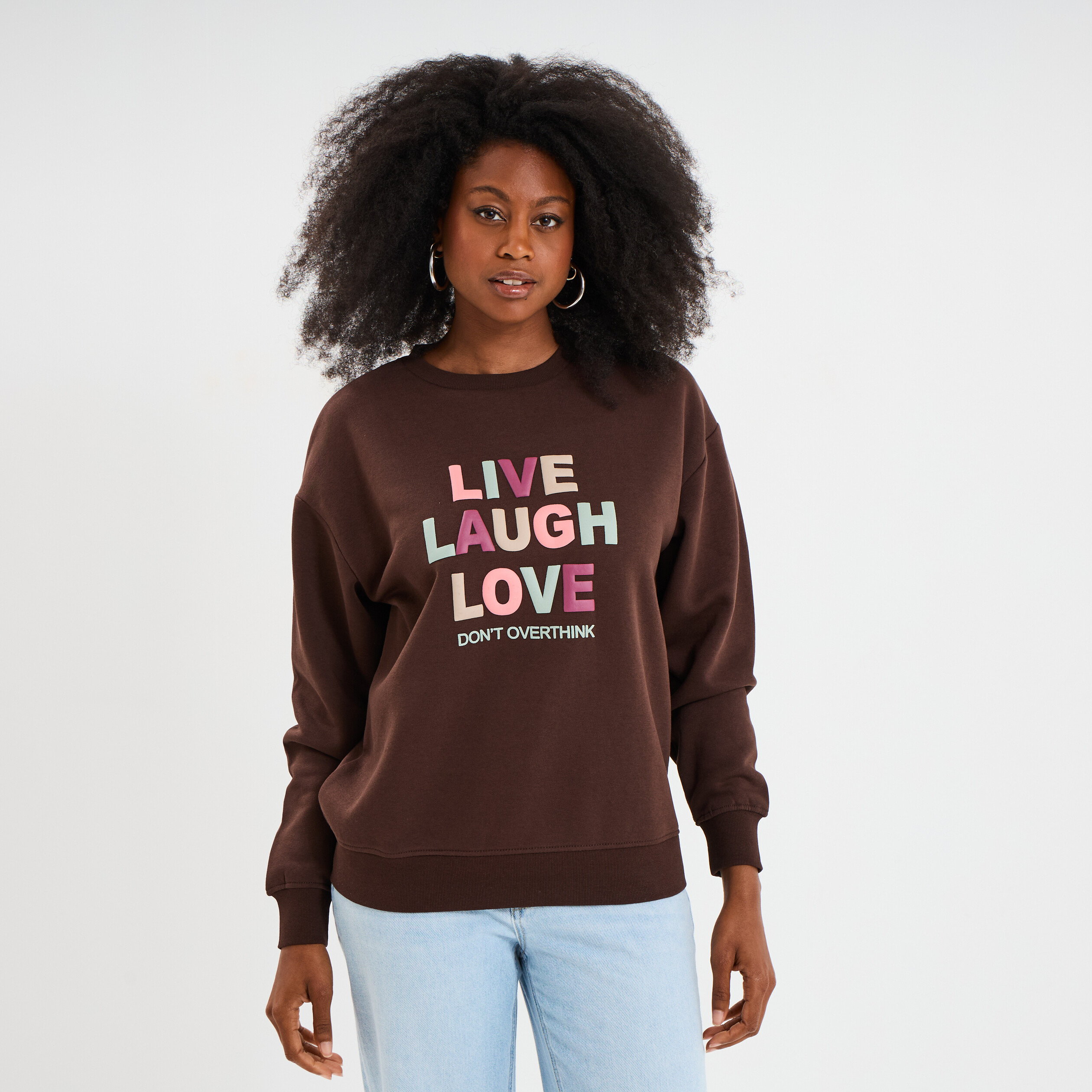 Sweat col rond manches longues marron foncé femme