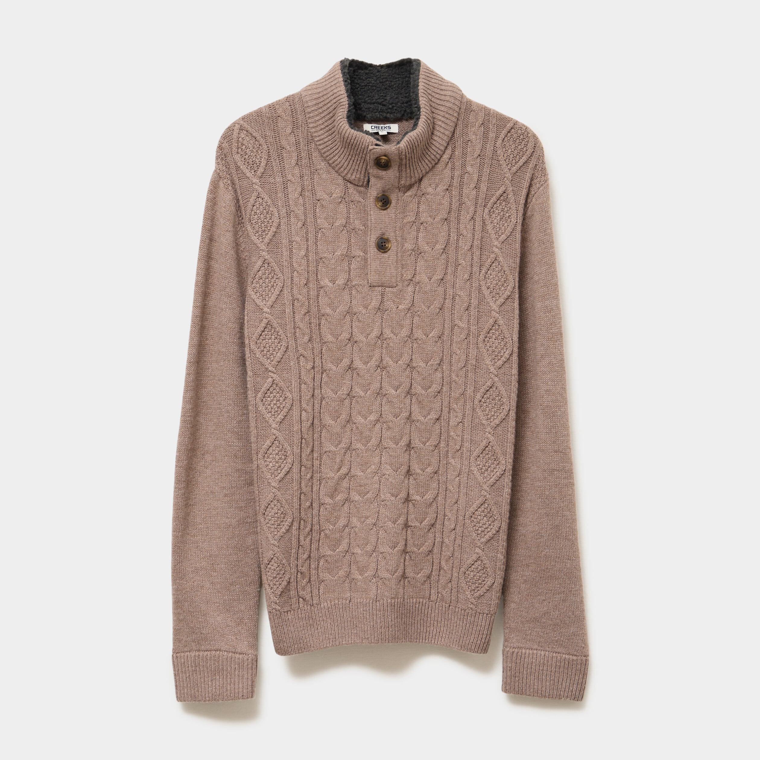 Pull col montant boutonn&eacute; et torsades taupe homme