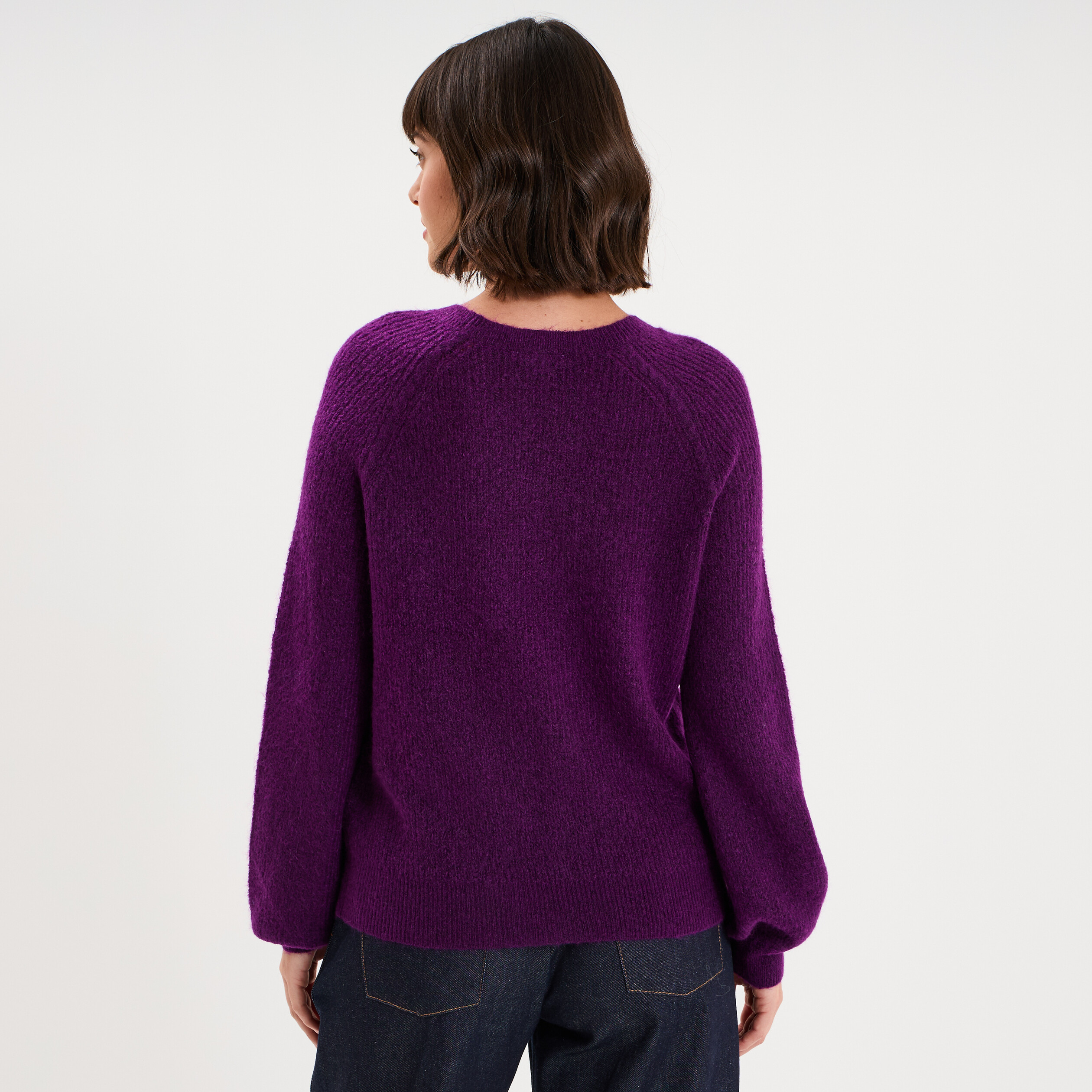 Pull col rond manches longues violet fonc&eacute; femme