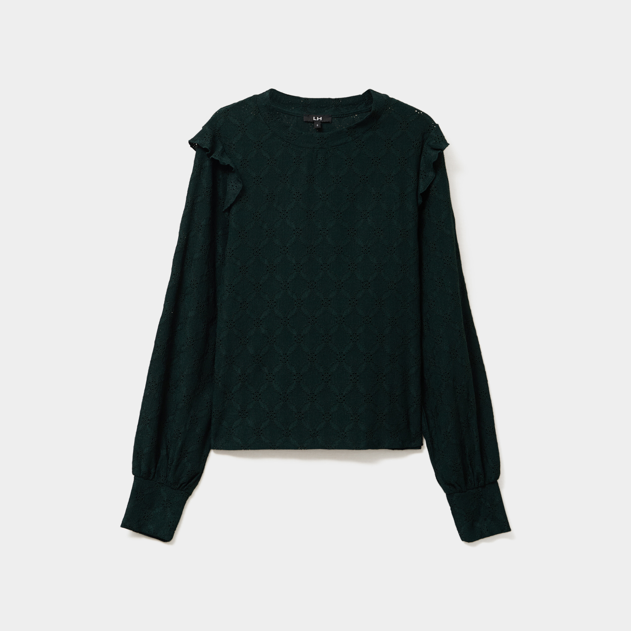 blouse details ajoures et volants vert fonce femme Blouse détails ajourés et volants vert foncé femme