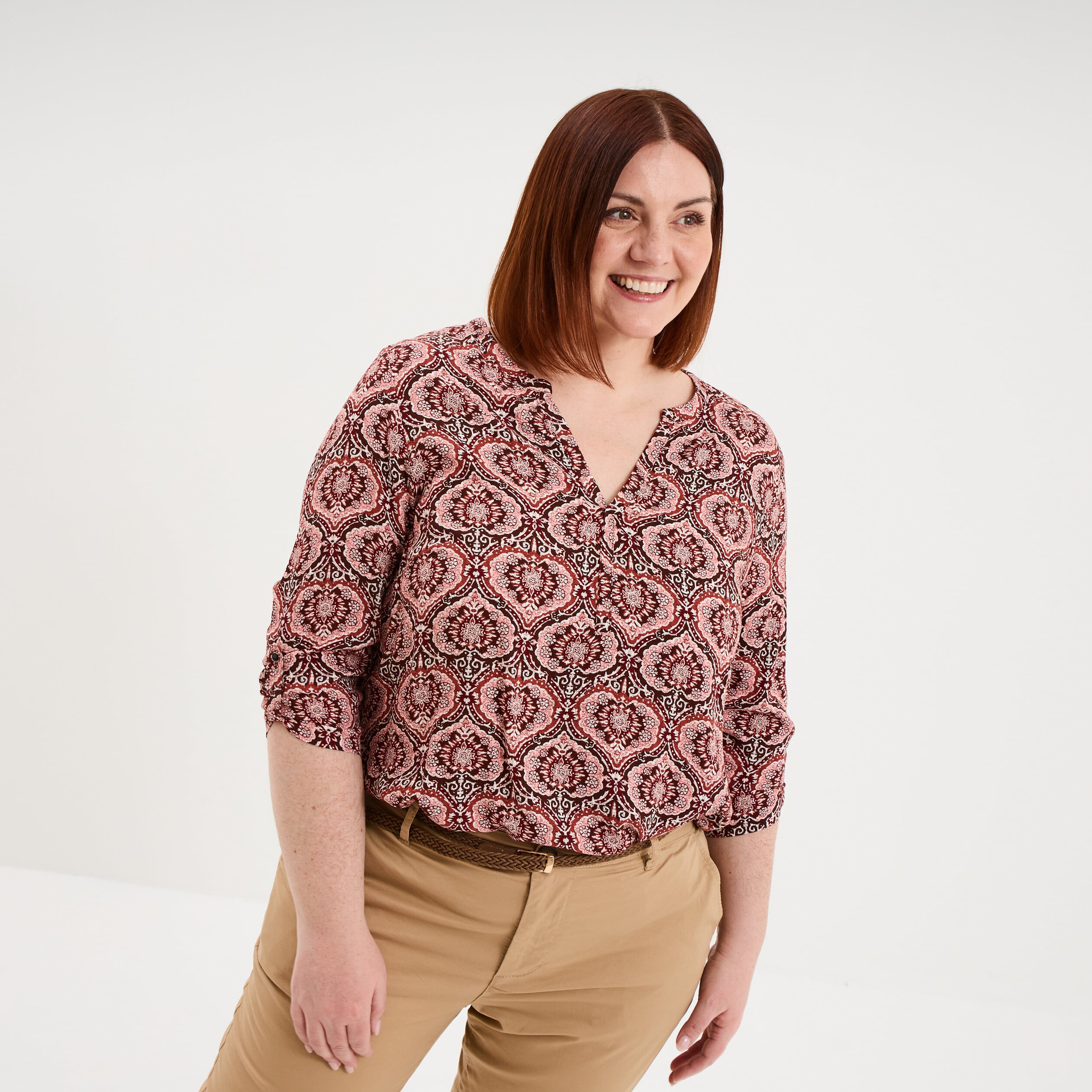 Blouse col tunisien manches 3/4 fluide marron chocolat femme grande taille
